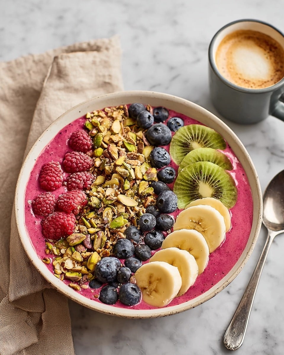 A thick, bright purple smoothie base fills a white bowl, topped with multiple layers of fresh fruit and nuts. Starting from the top left, there are scattered clusters of light brown granola mixed with green pumpkin seeds and nuts, including almonds and pistachios. Below and around the granola, there are fresh berries—bright red raspberries and dark blue blueberries. On the right side, thin slices of green kiwi are laid out with some granola on them. At the bottom of the bowl, there is a row of soft, pale yellow banana slices sprinkled lightly with granola and nuts. The bowl rests on a white marbled surface with a beige cloth and a cup of coffee in a white cup and saucer to the upper left, and a silver spoon to the lower right. Photo taken with an iphone --ar 4:5 --v 7