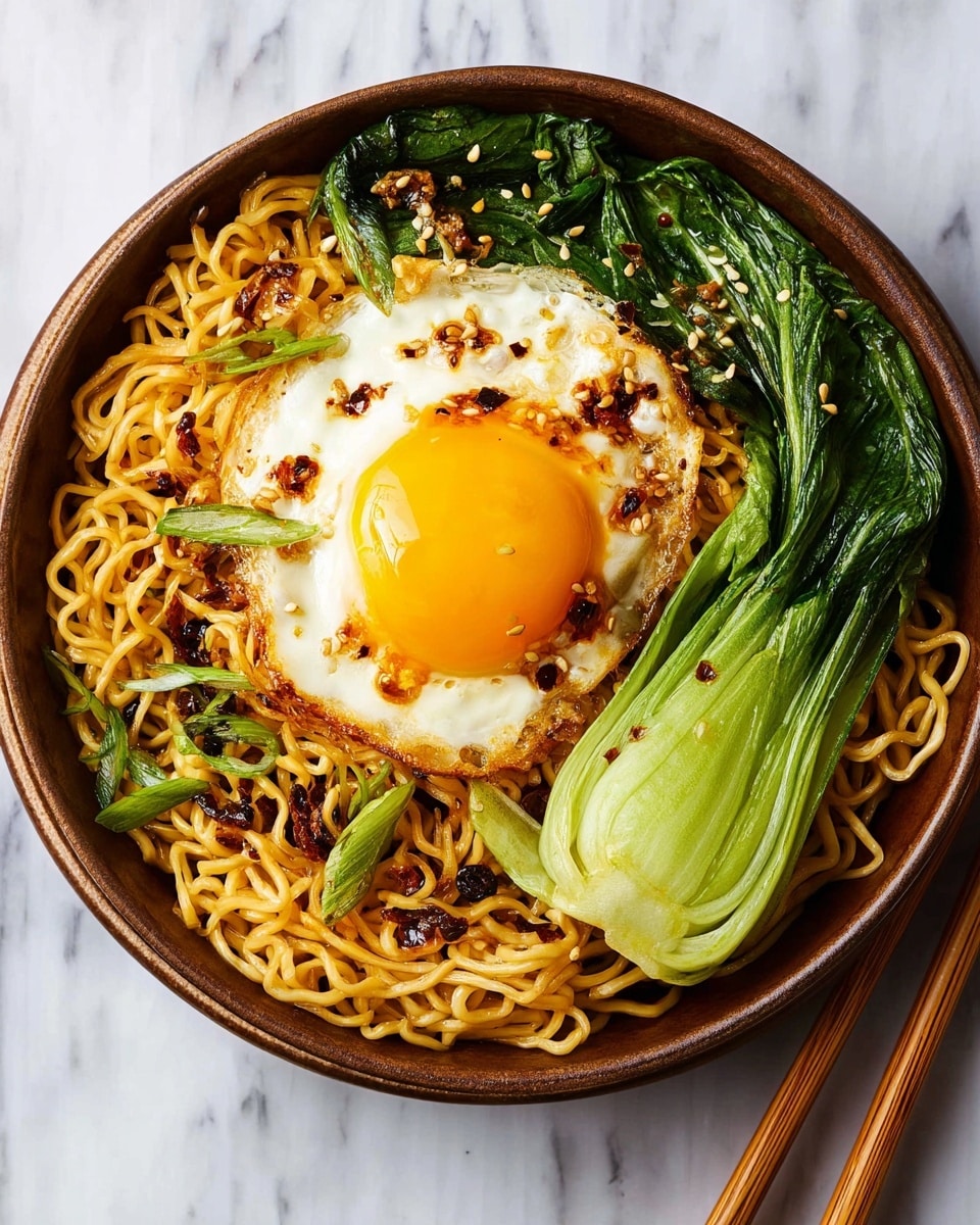 A close-up view of a brown bowl filled with a single layer of yellowish noodles coated in a light sauce, mixed with dark green baby bok choy leaves. On top, there is a single fried egg with a bright yellow runny yolk in the center and white edges, sprinkled with sesame seeds and bits of chili flakes. The bowl is placed on a white marbled surface with wooden chopsticks on the right side. photo taken with an iphone --ar 4:5 --v 7