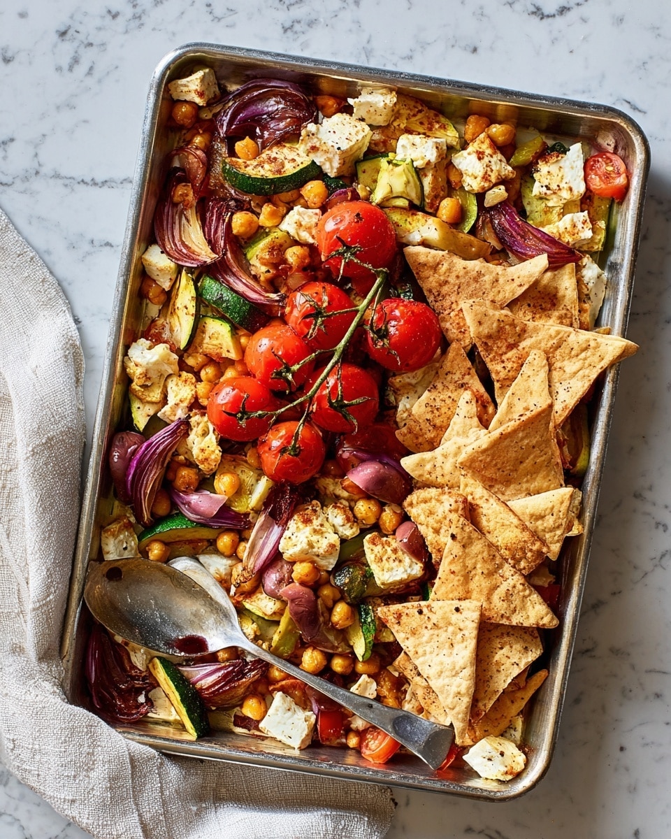 A white rectangular tray filled with a colorful mix of roasted vegetables and toasted bread pieces. The bottom layer includes slices of green zucchini and wedges of red onion, both softened and roasted. On top are bright red cherry tomatoes still on the vine, roasted golden-brown and slightly blistered. Scattered around are small roasted potato pieces with a light crispy texture and golden color. Toasted triangular bread slices with a speckled seasoning sit on one side of the tray. A spoon rests on the tray’s right side, and a wedge of lemon is placed at the top corner. The tray is set on a white marbled surface with a light beige cloth napkin beside it. Photo taken with an iphone --ar 4:5 --v 7