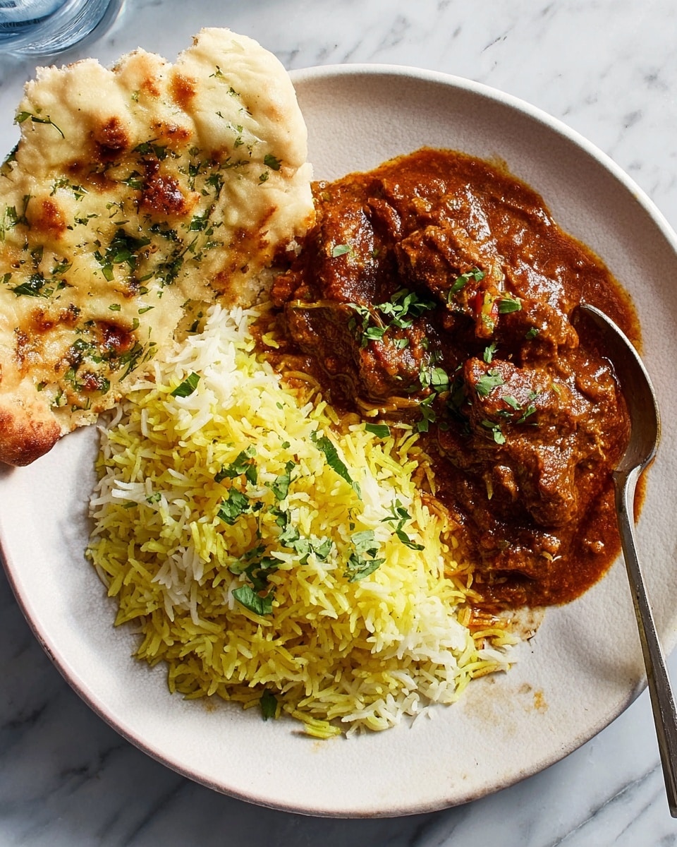 The dish is served on a white plate placed on a white marbled texture background, showing three main components arranged separately. On the left side, a triangular piece of slightly charred naan bread with green herb sprinkles rests flat. Next to it, a mound of vibrant yellow rice with flecks of green herbs creates a textured, fluffy layer. On the right side, a thick, rich brown-red curry with chunks of meat sits partially under a silver fork, garnished with small green herb pieces. A small piece of naan is also visible at the edge of the plate. Photo taken with an iphone --ar 4:5 --v 7