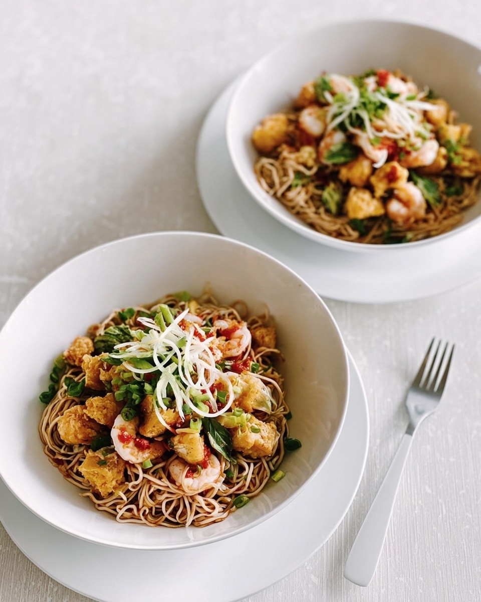 The image shows two white bowls filled with a noodle dish placed on white saucers on a white marbled surface. The noodles are light brown and mixed with pieces of cauliflower, cashews, and small shrimp, creating layers of textures and colors. Green herbs and thinly sliced white onions with a touch of red chili flakes are scattered on top, adding freshness and a mild spice contrast. A woman's hand is barely visible in the background near the upper bowl, gently holding a utensil. The overall scene presents a fresh and tasty meal with natural lighting. photo taken with an iphone --ar 4:5 --v 7