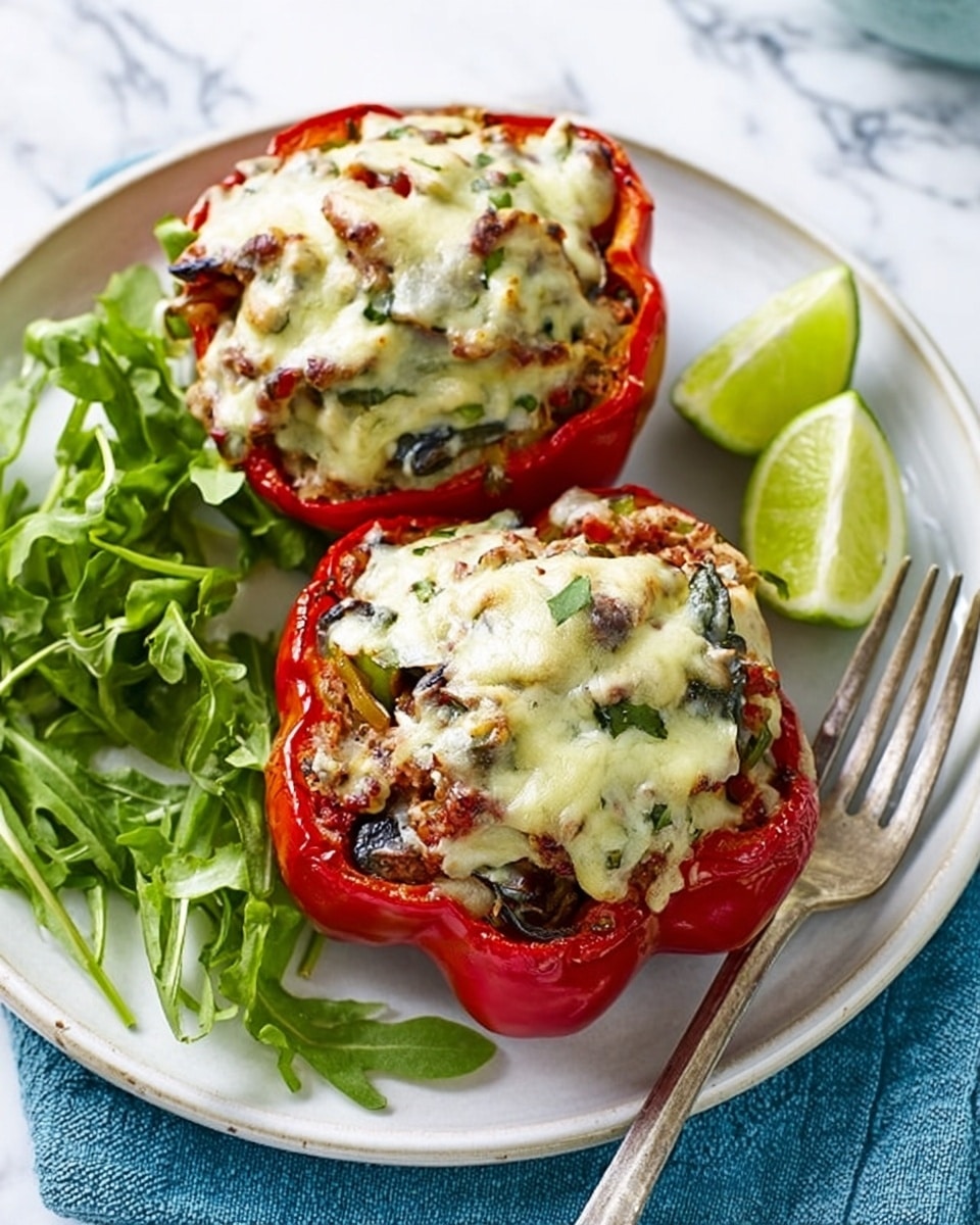 The image shows two stuffed red bell pepper halves on a white plate with green arugula leaves around them and a lime wedge on the right side, placed on a white marbled surface. Each pepper half has three layers: the bottom layer is the bright red pepper, the middle layer is a mix of vegetables and possibly meat with visible pieces of black olives and greens, and the top layer is melted white cheese with a slightly browned texture. A fork is visible on the right side of the plate, and a blue cloth napkin is underneath the plate. photo taken with an iphone --ar 4:5 --v 7