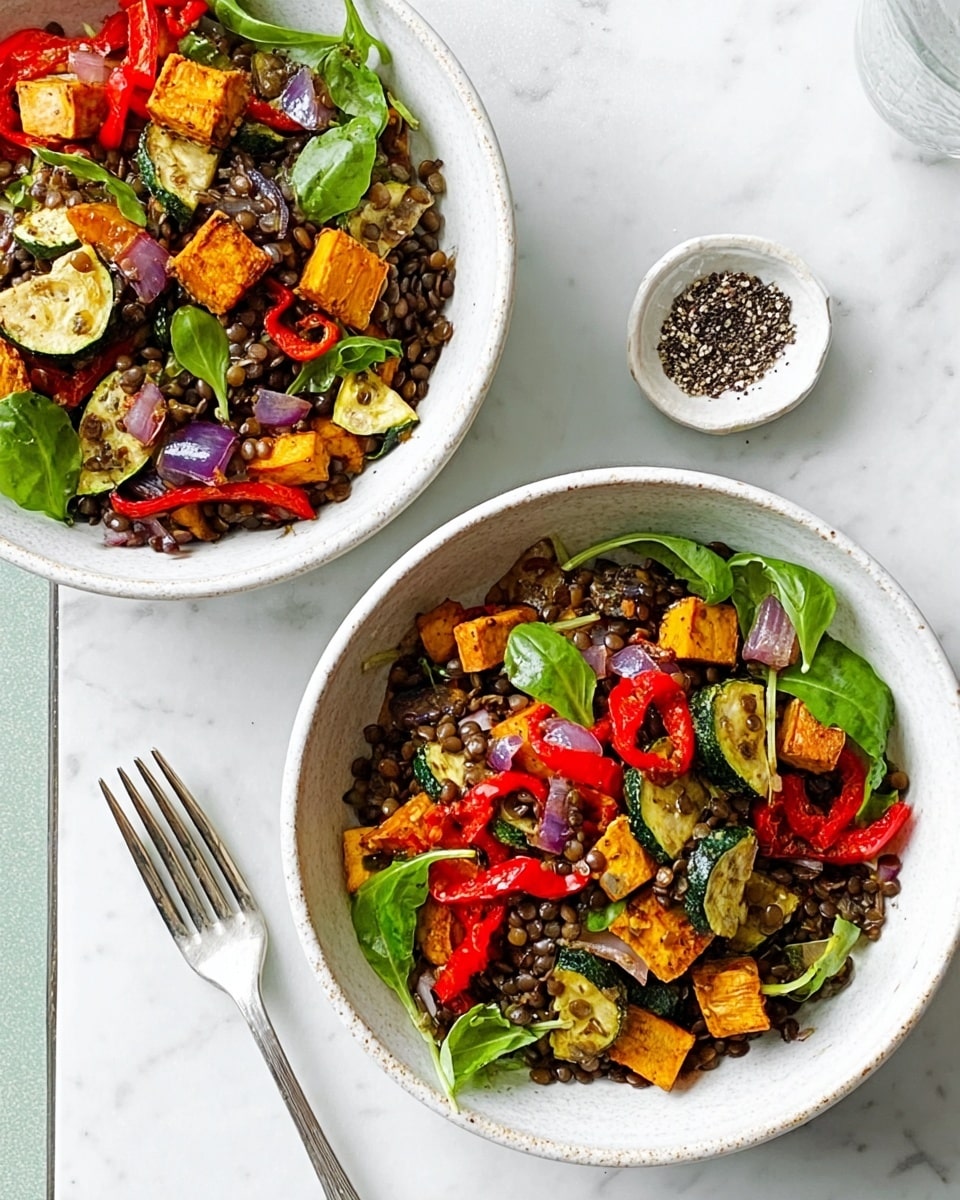 Two white bowls sit on a white marbled surface, each filled with a colorful salad. The salad has three main layers: the bottom layer is pieces of cooked green zucchini and orange sweet potato, scattered across the bowl; the middle layer includes lentils and small chunks of dark olives and red bell pepper strips; the top layer is fresh green leafy sprouts evenly spread over the salad. One bowl is near the top right corner, the other is near the bottom left with a silver spoon resting beside it, and a gray and white towel is in the upper left corner. Photo taken with an iphone --ar 4:5 --v 7