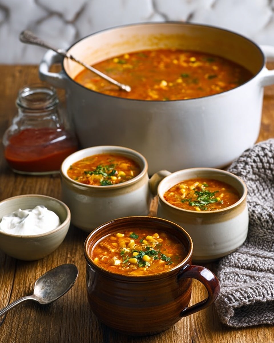 A large white pot filled with a chunky orange soup with visible pieces of vegetables and herbs on top, placed on a wooden table. In front of it, there are three white cups, each filled with the same soup and garnished with chopped herbs. Next to the cups is a brown ceramic bowl with some soup inside, and beside that are a small white bowl of cream and a small bowl of red sauce or chutney. Wooden chopsticks and a spoon lie on the table nearby. The scene is set on a wooden surface, showing a cozy, warm meal setting. photo taken with an iphone --ar 4:5 --v 7