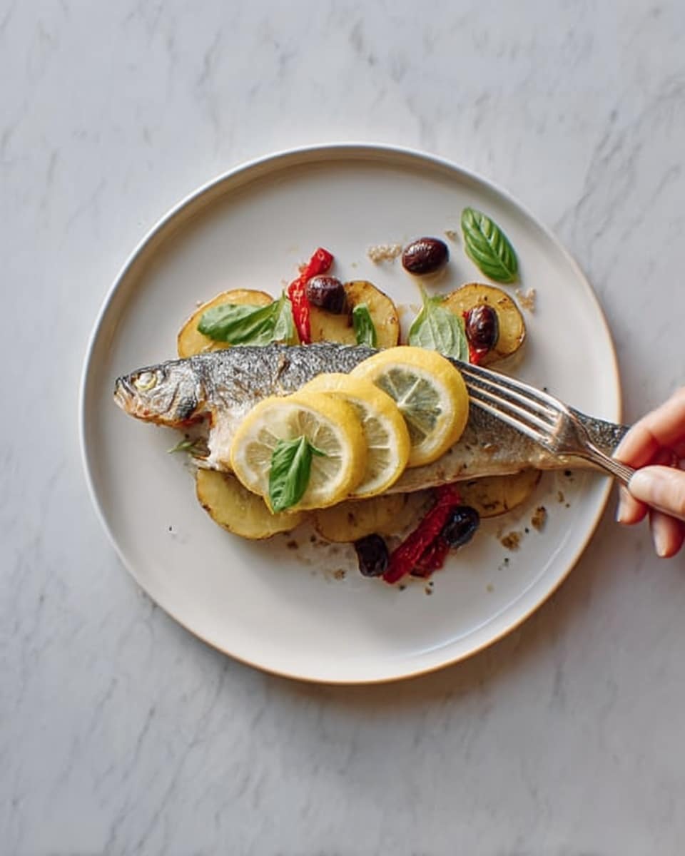 A white plate on a white marbled surface holds a cooked fish fillet placed in the center, its silvery skin shiny and slightly textured. Underneath and around the fish are thin, golden-brown roasted potato slices and a few roasted red pepper strips, adding warm tones. On top of the fish, three thin lemon slices form a neat stack, bright yellow with a juicy texture. Scattered around and on the fish are small black olives and fresh green basil leaves, adding pops of color and freshness. A silver fork rests on the left side of the plate with the tip touching the edge. A woman's hand holds the fork gently. Photo taken with an iphone --ar 4:5 --v 7