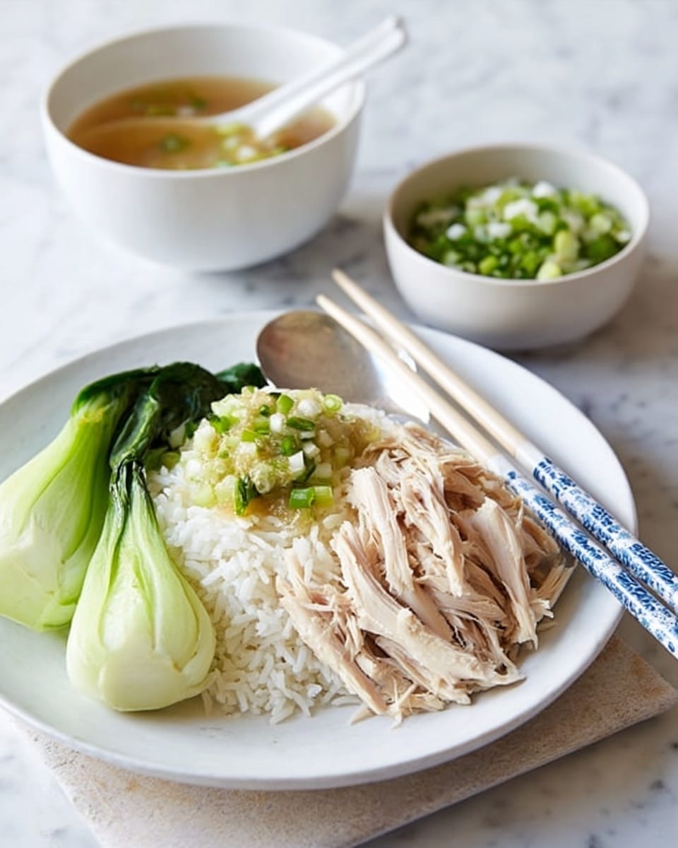 The image shows a white shallow bowl filled with a base layer of white rice, topped with a generous layer of shredded white chicken placed slightly to the right, alongside a portion of bright green bok choy on the left side. At the center of the chicken, there is a small pile of chopped green onions mixed with a light sauce. Next to the bowl on the right, white chopsticks with blue patterns rest on the bowl edge. In the background, there are two white bowls: one contains clear broth with a white spoon inside, and the other has a mixture of chopped green onions and sauce with a silver spoon. The dishes and bowls are all placed on a white marbled surface. Photo taken with an iphone --ar 4:5 --v 7