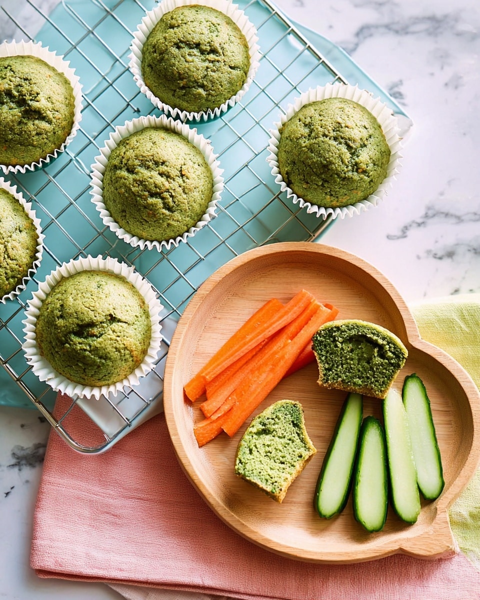 The image shows seven green muffins with a rough textured top, five resting on a light blue cooling rack and two on a wooden tray shaped like a cloud. One muffin is whole, another is broken open revealing a moist, crumbly green inside. The tray also holds three slices of cucumber with a shiny, fresh look and three sticks of bright orange carrot. The background surface is a white marbled texture. Photo taken with an iphone --ar 4:5 --v 7