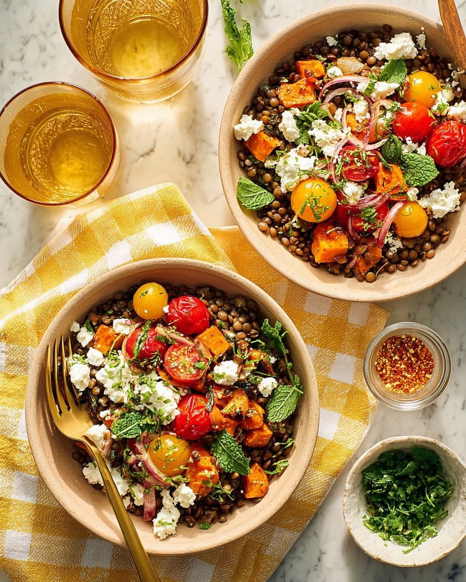 Two white bowls filled with a colorful lentil salad sit on a white marbled surface covered partially by a yellow and white checkered cloth. Each bowl has layers of green lentils at the bottom, topped with roasted bright red, orange, and green cherry tomatoes, and small chunks of white cheese scattered on top. Fresh green herbs are sprinkled over the dish, with a wooden fork resting in each bowl. Nearby, a small white bowl holds more chopped green herbs, and an amber glass filled with a light-colored drink stands beside the bowls. Photo taken with an iphone --ar 4:5 --v 7