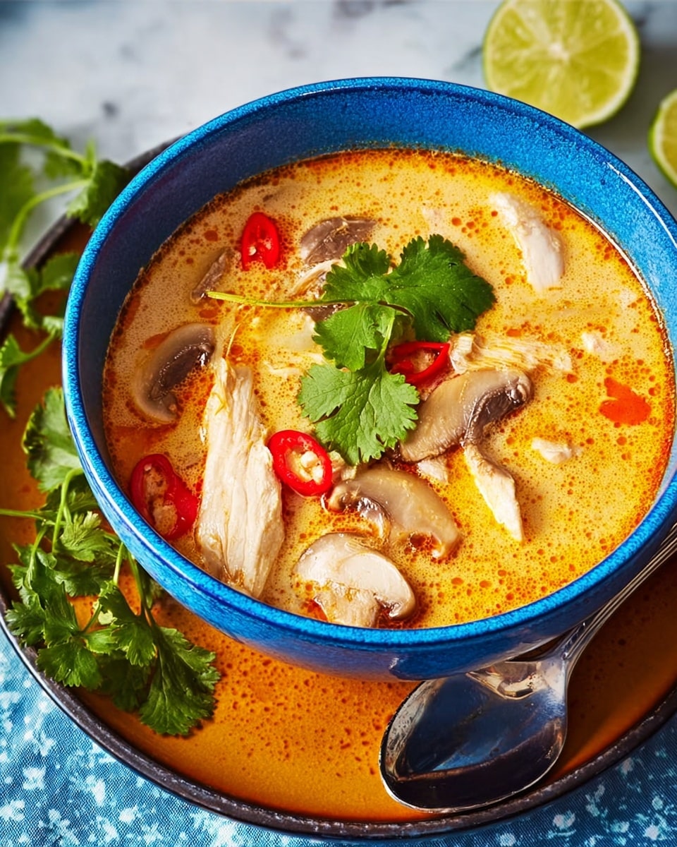 A bowl of bright orange broth soup with visible oil droplets fills a blue-rimmed bowl centered in the image. Inside the soup are white chicken strips, thin pale cream mushroom slices, and small round red chili pieces scattered on top. Fresh green cilantro leaves rest on the soup’s surface adding a pop of color. The bowl sits on a round orange plate with a silver spoon nearby. Around the plate, there are halved light green limes and sprigs of fresh cilantro on a white marbled surface. The scene is bright and colorful, showing a fresh, spicy soup. photo taken with an iphone --ar 4:5 --v 7