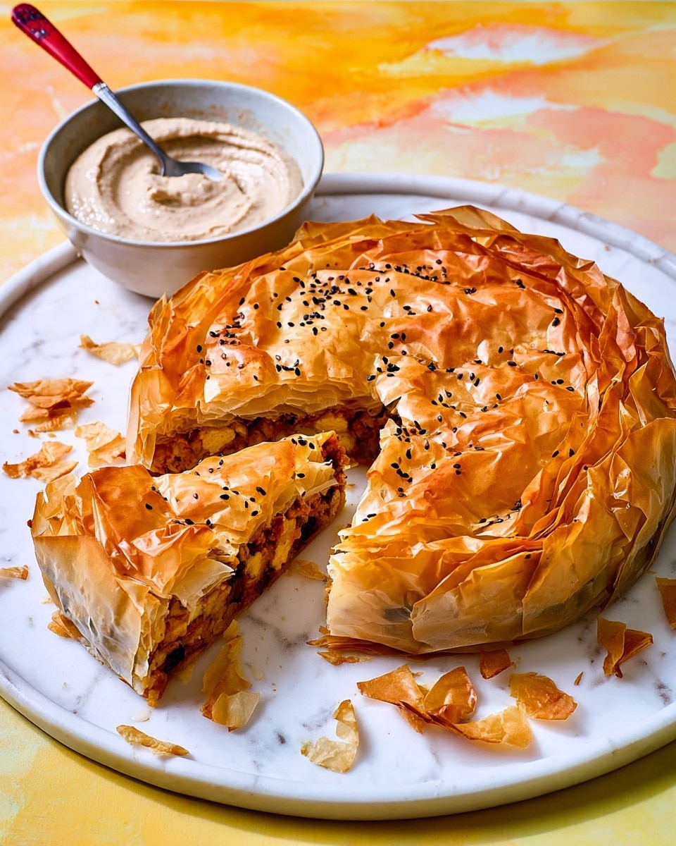 A round pie with a crinkled, golden brown top layer made of crispy phyllo dough is shown on a white plate. The pie is cut, revealing about two thick layers inside with a reddish-orange filling mixed with small bits, likely vegetables or spices. The edges of the pie are also wrapped with phyllo dough, slightly browned and flaky. Around the plate are some crumbs of phyllo. Next to it, there is a white bowl with a creamy light brown sauce and a spoon with a red handle. The scene is set on a white marbled textured surface with soft orange, yellow, and red watercolor-like patterns. Photo taken with an iphone --ar 4:5 --v 7