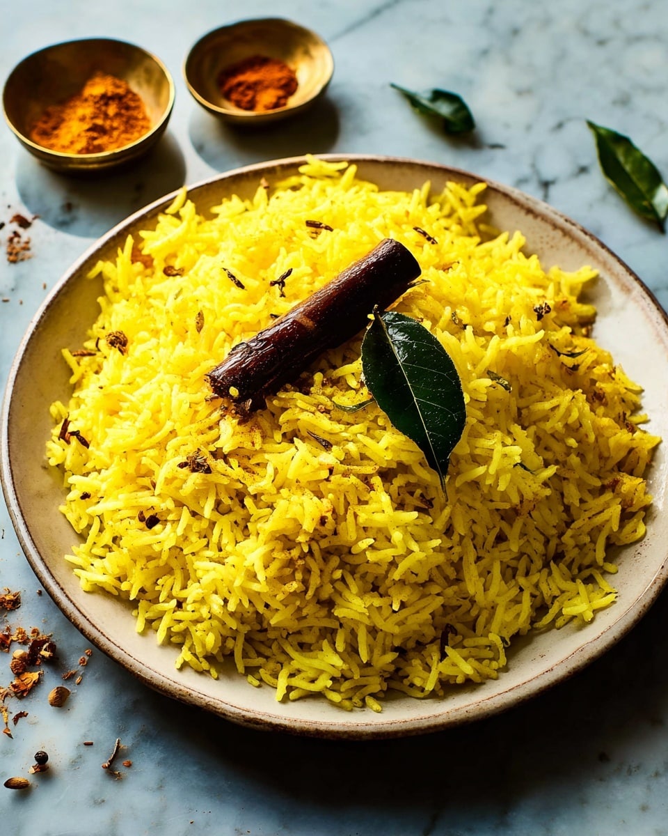 A large pile of yellow rice mixed with spices sits on a round white plate, showing a fluffy texture with long grains. On top of the rice, a dark brown cinnamon stick and a green curry leaf are clearly visible, adding contrast. The plate rests on a white marbled surface with small bowls of orange and brown spices placed nearby. The overall image focuses on the bright yellow rice with a few scattered whole spices on and around it. photo taken with an iphone --ar 4:5 --v 7