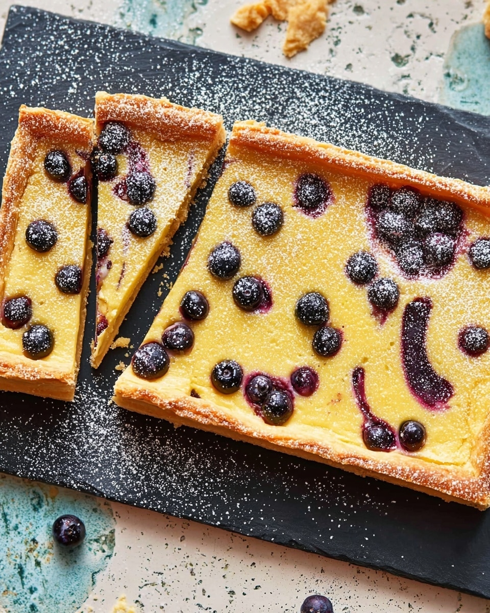A rectangular tart with golden, flaky puff pastry forming the thick bottom and edges, filled with a creamy yellow custard layer that is smooth and slightly glossy with caramelized swirls on top. Scattered evenly over the custard are small, round, deep purple blueberries that add contrast to the yellow filling. The tart is cut into three pieces, two smaller pieces positioned to the left side, all placed on a dark slate board which rests on a white marbled surface. Lightly dusted powdered sugar sprinkles the tart, adding a delicate white speckle on top. Photo taken with an iphone --ar 4:5 --v 7