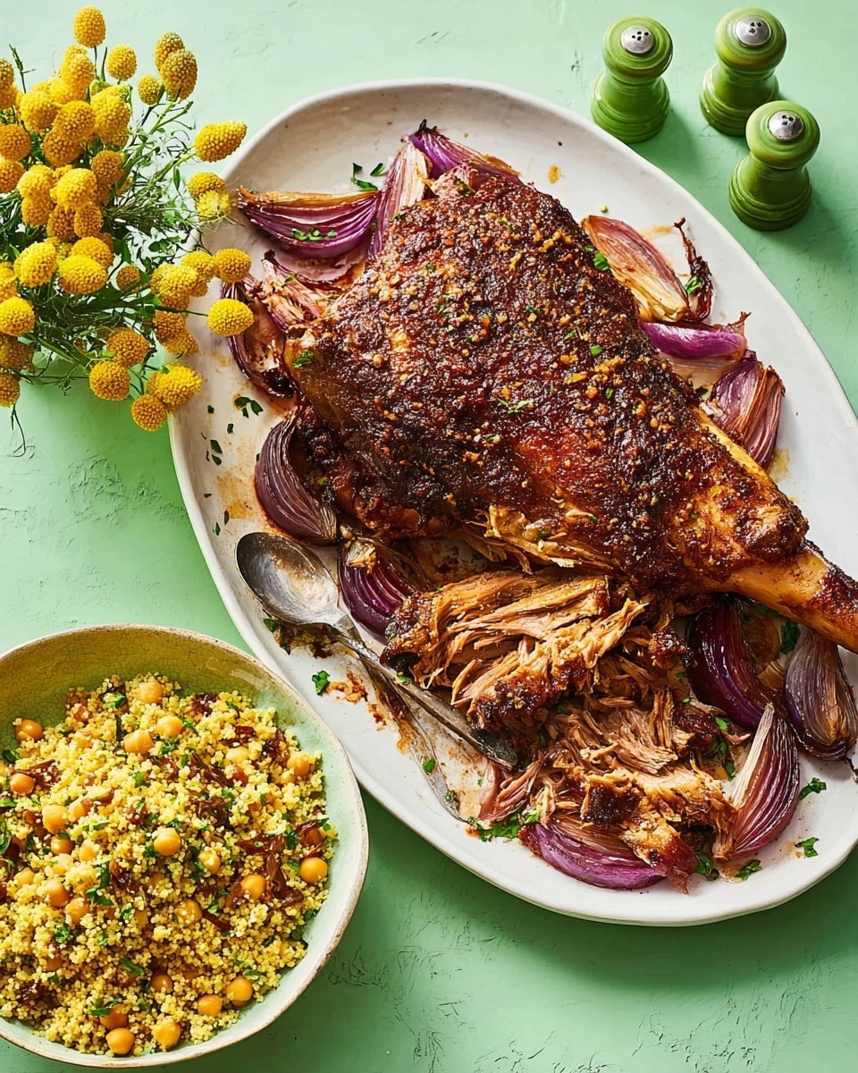 A large white oval plate holds a roasted lamb shoulder with a dark brown, crispy outside and some pulled, tender meat showing on one side. The lamb is surrounded by roasted red onion wedges with charred edges, creating a mix of deep purple and golden brown colors around the meat. Next to the plate is a white bowl filled with yellow couscous mixed with chickpeas, finely chopped herbs, and small bits of dried fruit, creating a textured and colorful grain salad. A silver spoon rests inside the couscous bowl, and the setting is on a light green surface with a small yellow flower and greenery nearby. photo taken with an iphone --ar 4:5 --v 7