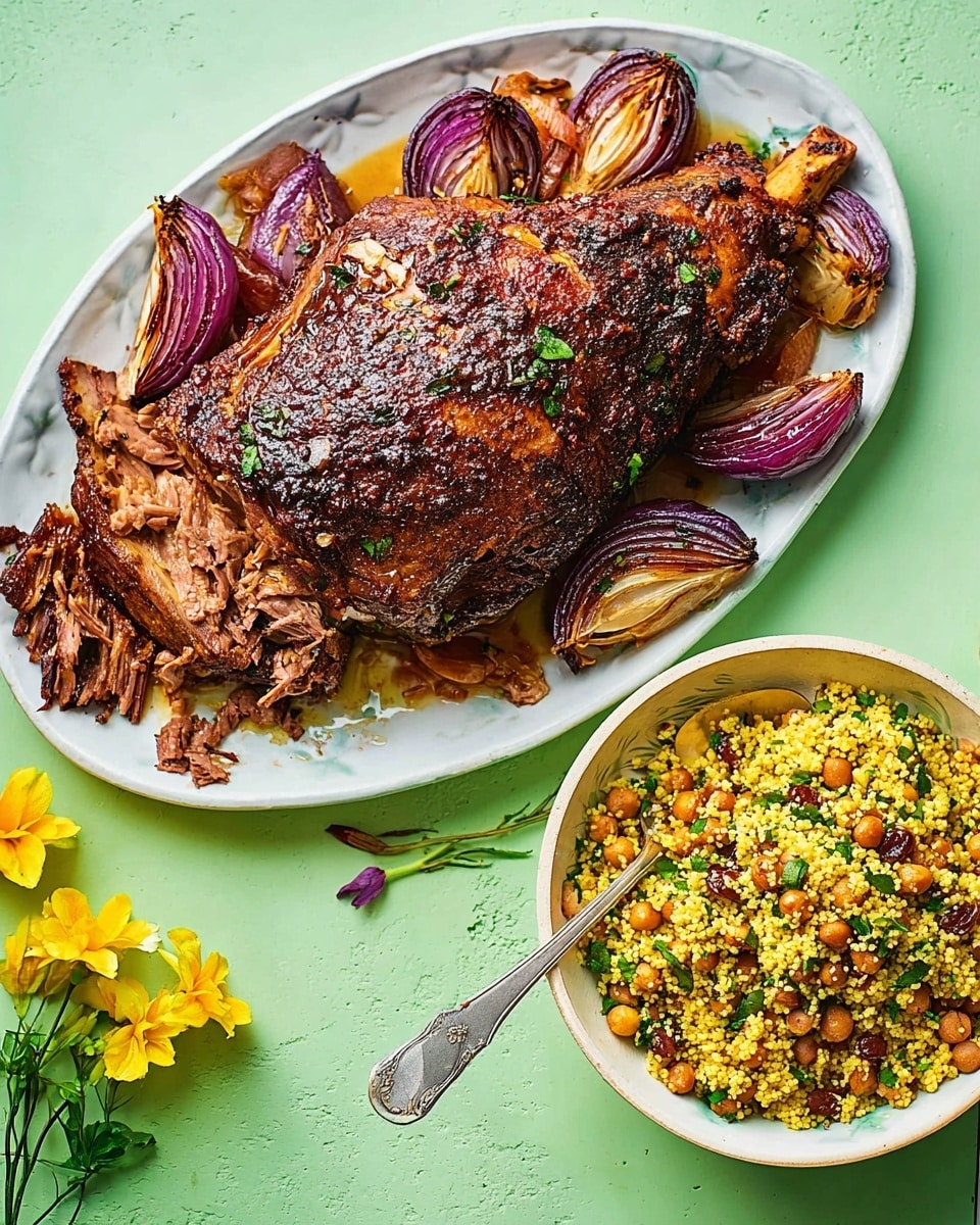 A large white oval plate holds a richly browned, roasted meat leg resting on a bed of roughly cut, charred red onion wedges. The meat surface is textured with a crispy, spice-coated crust and part of it is shredded, showing tender, juicy inside layers. Beside the plate, a white bowl filled with golden yellow couscous mixed with chickpeas, sprinkled herbs, and bits of dried fruit, has a metal spoon resting inside. The dishes are set on a soft green surface with a small bunch of yellow billy balls and greenery nearby, and two small green salt and pepper shakers in the upper right. Photo taken with an iphone --ar 4:5 --v 7