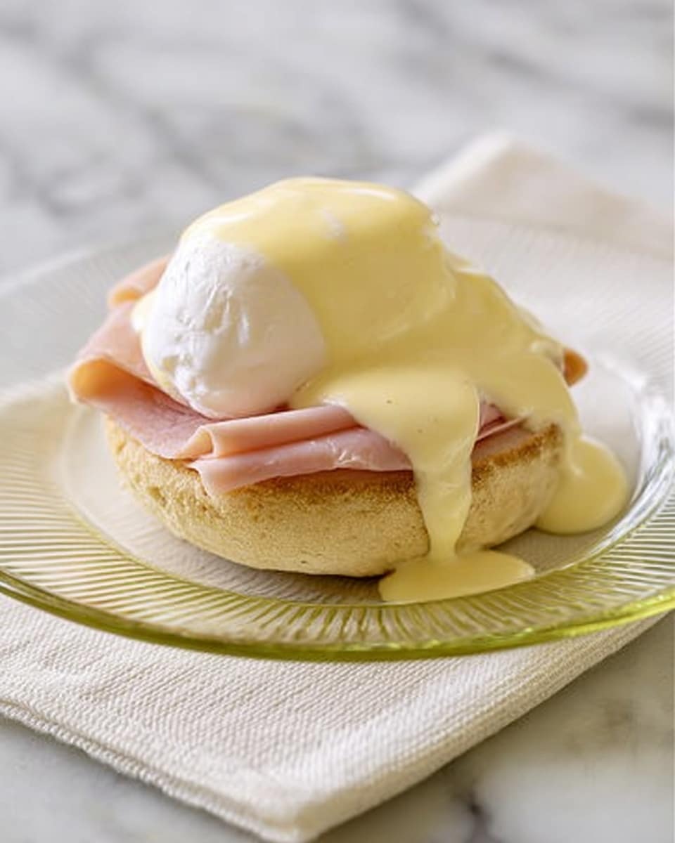 The image shows a classic Eggs Benedict on a clear glass plate placed on a white marbled surface with a white cloth underneath. The bottom layer is a lightly toasted English muffin with a soft texture and light golden-brown color. On top of it lies a folded slice of pink ham, smooth and slightly shiny. Above the ham, there is a perfectly poached egg with a smooth, white, and delicate exterior. The dish is covered with a creamy, pale yellow hollandaise sauce that flows slightly over the sides of the egg and muffin, giving it a rich and glossy finish. photo taken with an iphone --ar 4:5 --v 7