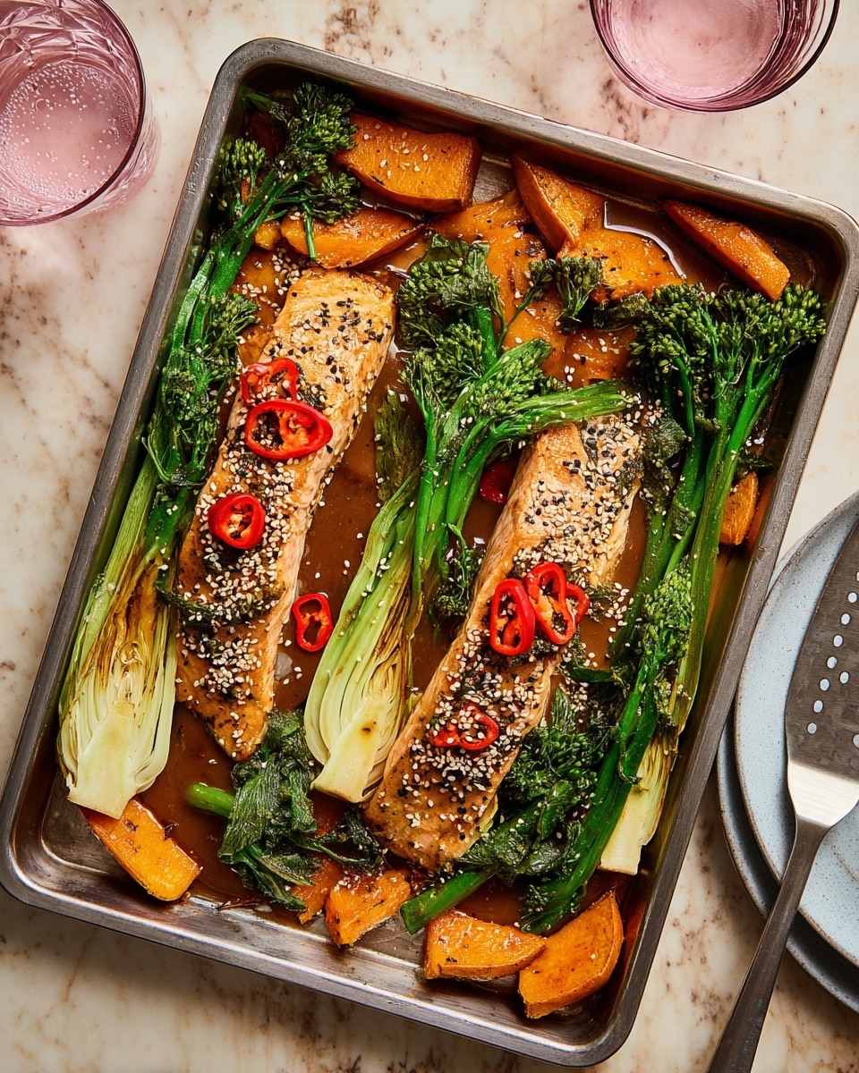 A black baking tray filled with two pieces of golden brown salmon, each sprinkled with white and black sesame seeds and drizzled with a light brown sauce, sits on a white marbled texture. The salmon rests on a bed of bright orange sweet potato wedges and fresh green broccolini stalks, with two halves of pale green bok choy also topped with sauce. Small slices of red chili peppers are scattered across the tray for a pop of color. To the right, a pink glass with water inside is visible, as well as part of a woman's hand holding a slotted spatula on the left. photo taken with an iphone --ar 4:5 --v 7