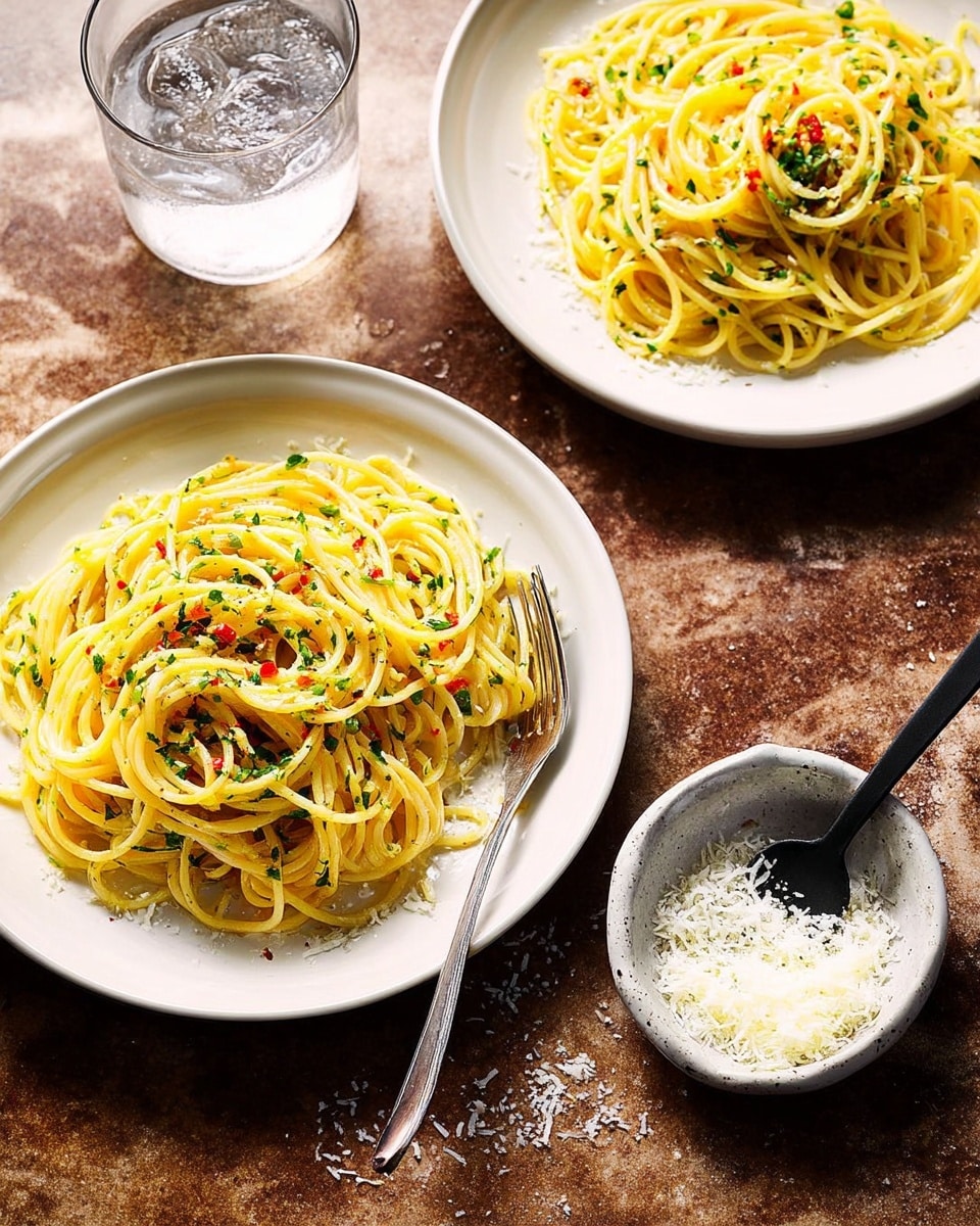 Two white plates each hold a single layer of cooked spaghetti pasta that is glossy with olive oil. The pasta is sprinkled with small pieces of red chili flakes and chopped green herbs, giving it a fresh look. One plate has a fork with a dark wooden handle placed on its edge. Next to the plates is a small bowl filled with grated white cheese and a small spoon. A glass with ice and water is also visible in the background. The scene is set on a white marbled texture surface. photo taken with an iphone --ar 4:5 --v 7