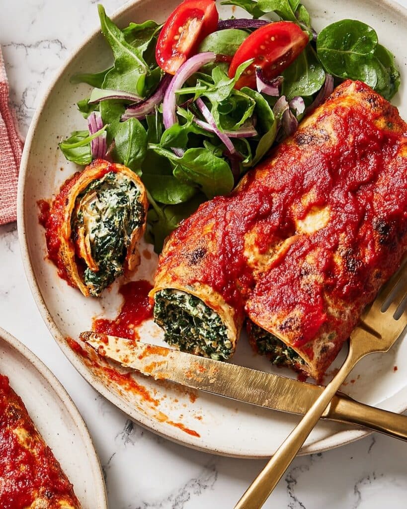 Spinach Crespolini with Tomato-Basil Sauce and Fresh Rocket Salad Recipe