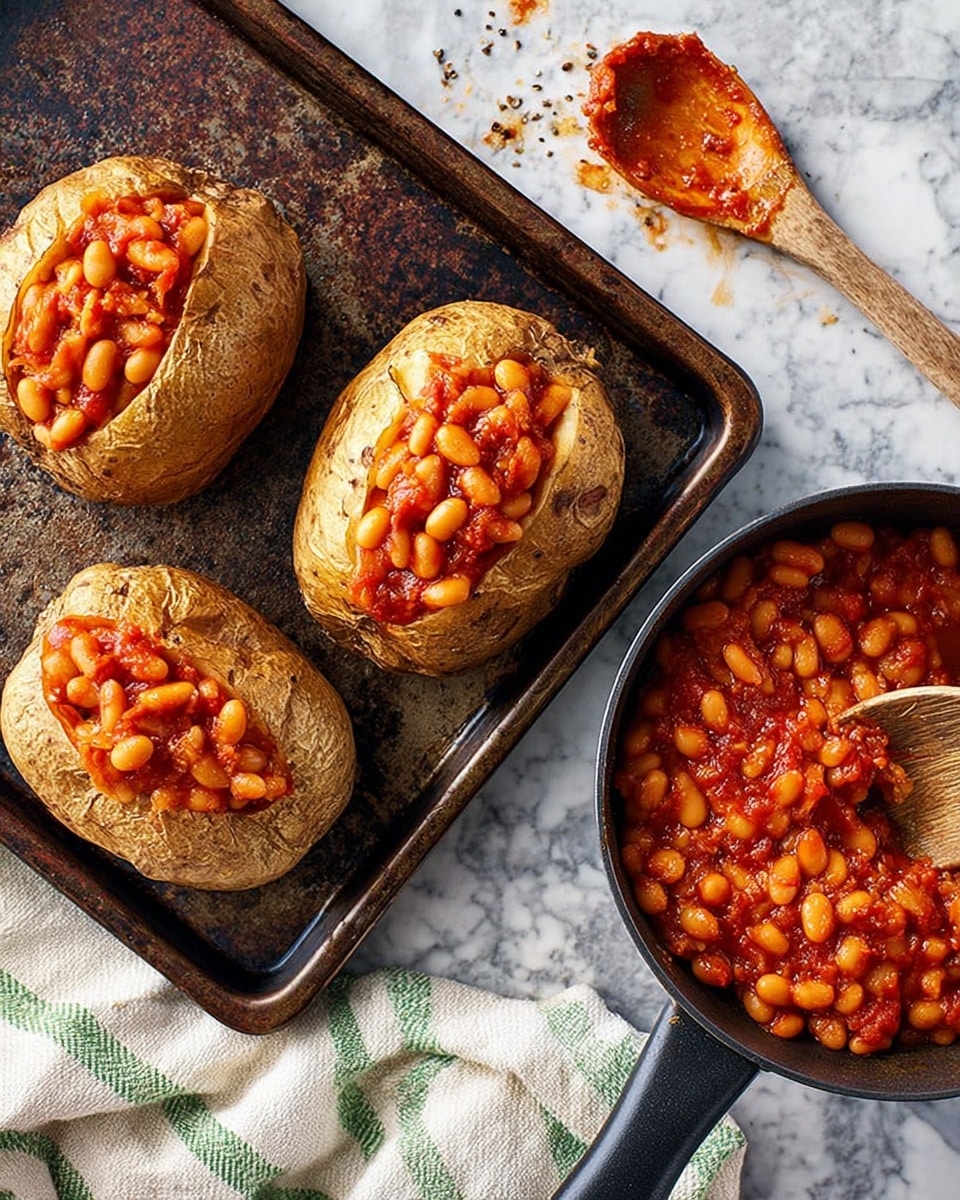 The image shows three baked potatoes placed on a gray metal tray, each potato split open to reveal soft, yellowish insides filled with orange-red baked beans with visible tomato sauce and seasoning. The beans have a shiny, moist texture that spills slightly over the edges of the potatoes. To the right of the tray is a frying pan with a wooden handle, filled nearly to the top with the same baked beans, showing a thick, chunky sauce with beans evenly mixed. A wooden spoon coated with bean sauce lies on the tray, with some sauce dripped around it. A white cloth with green stripes is partially visible near the bottom right corner on a white marbled surface. Photo taken with an iphone --ar 4:5 --v 7