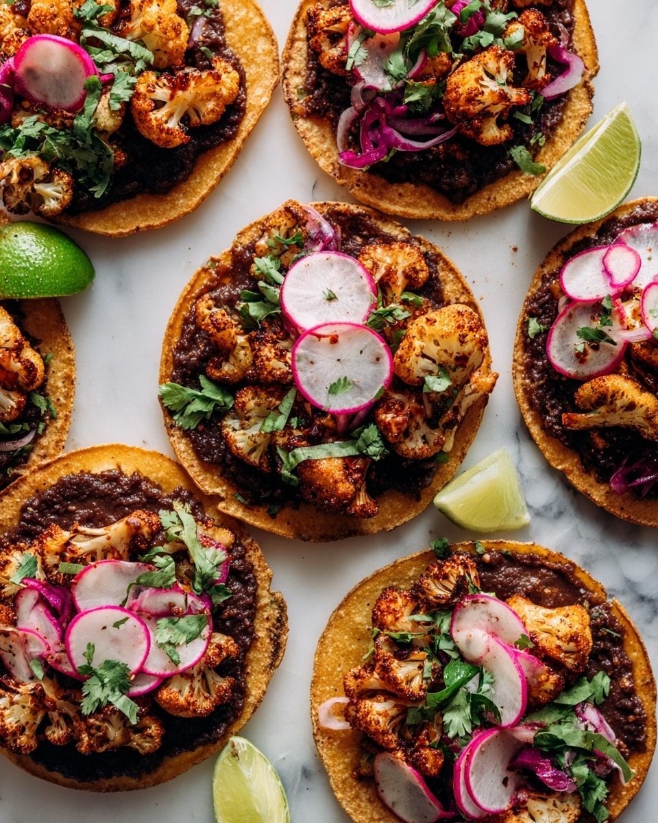 The image shows several small round toasts or tortillas arranged closely on a white marbled surface. Each piece has a bottom golden-brown layer of crispy bread or tortilla. On top of this base, there is a layer of crunchy fried cauliflower with a light golden texture. Over the cauliflower, there is a creamy white sauce generously spread, giving a smooth and slightly glossy look. Thin slices of bright pink pickled onions and small green herb leaves are scattered on top, adding pops of color. Near the toasts, there are two lime halves with a fresh green-yellow color. A woman's hand is partially visible, reaching toward one of the toasts. The overall scene is vibrant and fresh with a white marbled background. photo taken with an iphone --ar 4:5 --v 7