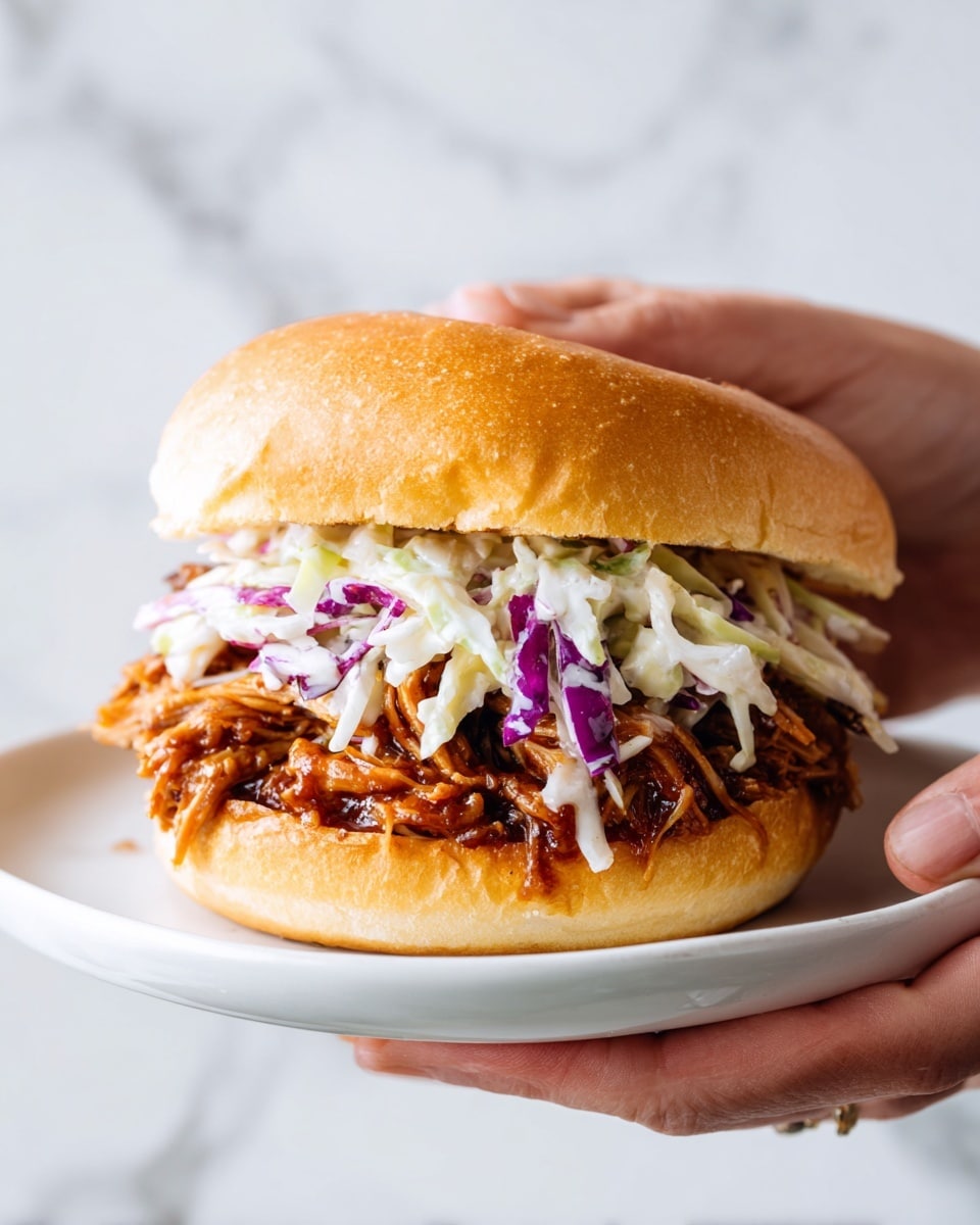 A close-up image of a sandwich held between two fingers of two hands, showing a soft, golden brown bun with a smooth top layer. Inside, the first layer is a thick spread of dark reddish-brown barbecue sauce, followed by a pile of shredded, richly sauced pulled chicken with a slightly glossy and textured look. On top of the chicken, there is a layer of creamy coleslaw that includes thin strands of white and purple cabbage mixed with a dressing, giving a light, crunchy texture contrast. The sandwich is presented against a white marbled surface. photo taken with an iphone --ar 4:5 --v 7