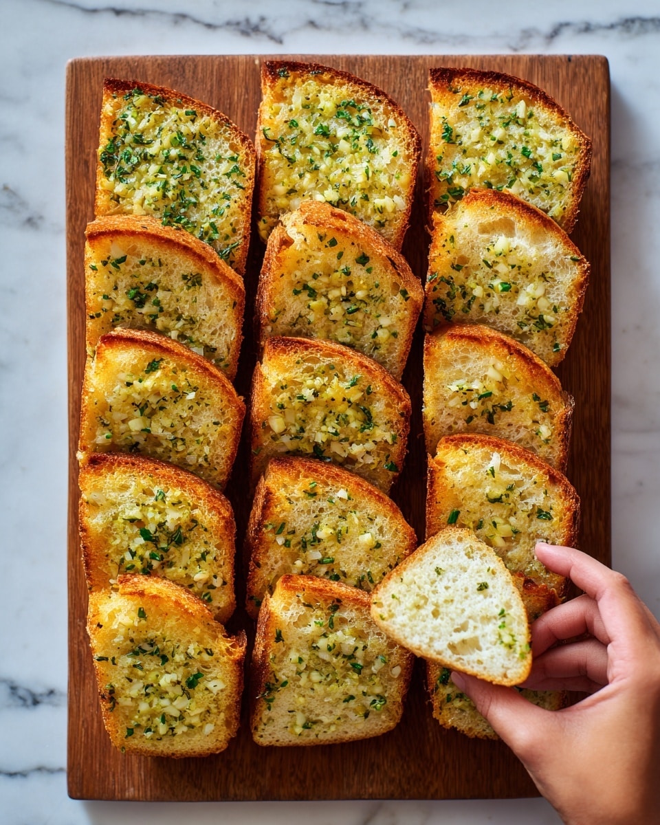 The image shows a wooden board with multiple pieces of garlic bread sliced into rectangles and squares. Each piece has a golden-brown crunchy crust on top, covered with melted butter, finely chopped green herbs, and bits of toasted garlic. The inside of the bread is soft and light, visible from the pieces that are slightly separated or held. A woman's hand is picking up one piece from the board. The background includes a white marbled surface. photo taken with an iphone --ar 4:5 --v 7