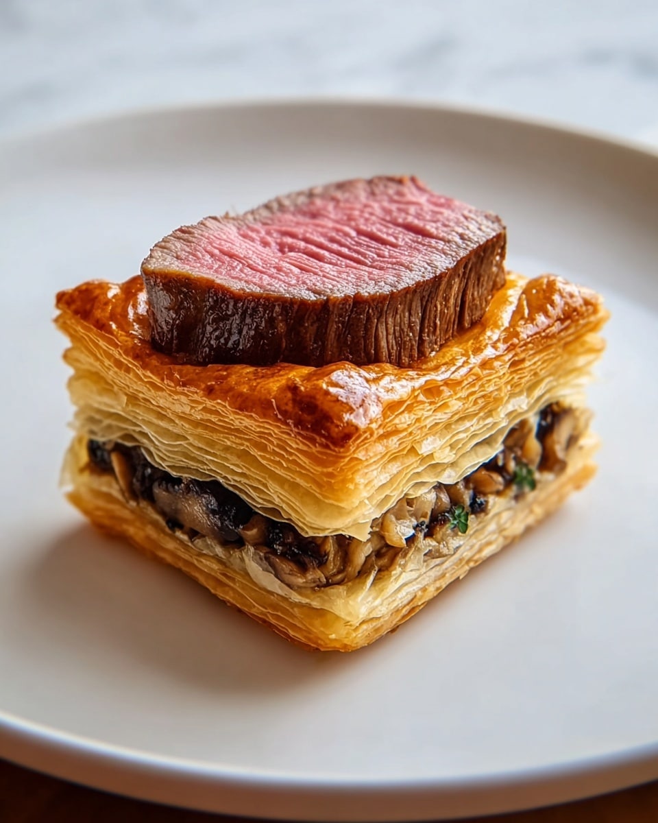 A square pastry with multiple thin, golden-brown flaky layers stacked evenly to form a hollow base, topped with a mix of finely chopped mushrooms that look soft and slightly shiny from cooking, and finished with a thick, medium-rare slice of beef with a pinkish center placed in the middle. The pastry edges are puffed and shiny, showing a crispy texture. It sits alone on a large white plate with a smooth surface, set on a white marbled texture background. photo taken with an iphone --ar 4:5 --v 7