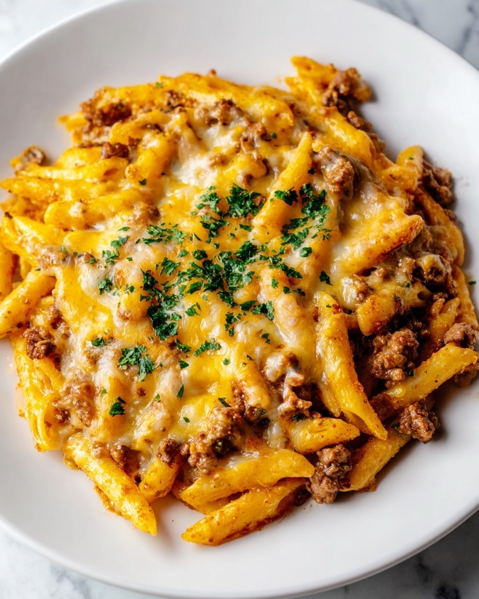 A white plate holds a baked pasta dish with three main layers. The bottom layer is made of cooked penne pasta in a yellow-orange color, mixed with browned ground meat that has a crumbly texture and rich brown color. The second layer is melted cheese that covers the pasta and meat unevenly, showing gooey, slightly browned yellow and white cheese spots. The top layer is sprinkled with small chopped green herbs, adding a fresh color contrast. The food is arranged in a round shape on a white marbled surface. photo taken with an iphone --ar 4:5 --v 7