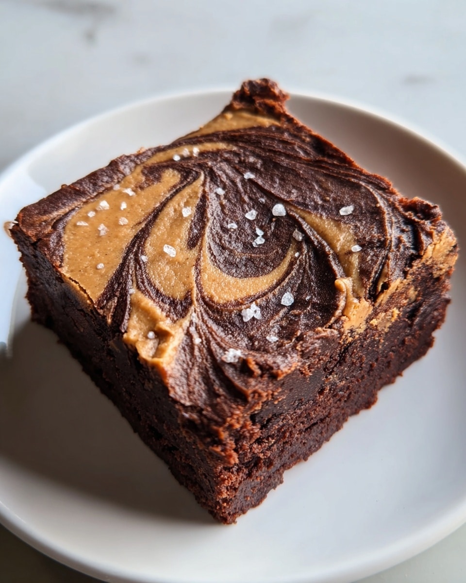 A square piece of chocolate brownie sits in the center of a smooth white plate, topped with a thick layer of swirled chocolate and peanut butter frosting that has a slightly rough texture with visible cream folds. The frosting features dark brown and light tan swirls blending together, sprinkled lightly with coarse salt crystals. The brownie edges are slightly uneven, showing a rich and dense interior beneath the frosting. All is placed against a white marbled textured surface. photo taken with an iphone --ar 4:5 --v 7