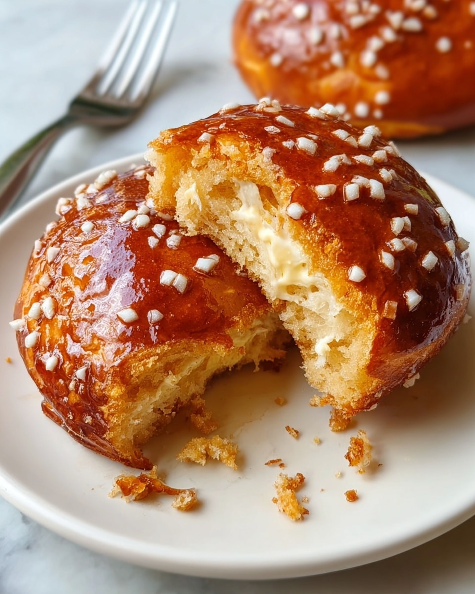 A close-up of a small round bread bun split in half, showing two main layers: a light golden-brown outside crust that is shiny with a deep brown glaze, topped with small white sugar or nut pieces scattered unevenly, and a soft, fluffy pale yellow inside dough that looks moist and slightly chewy. The top half rests slightly tilted on the bottom half, revealing the texture inside. The bun is placed on a white plate with a silver fork in the background on a white marbled surface. Photo taken with an iphone --ar 4:5 --v 7