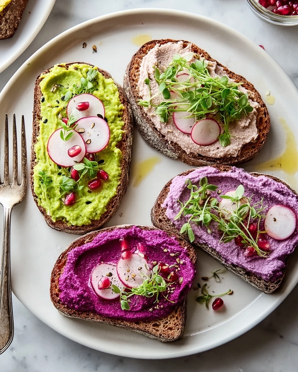 Four slices of toasted brown bread are arranged on a white plate placed on a white marbled surface. Each slice is topped with a thick layer of spread: two slices have a light green avocado spread, one slice has a bright purple beet spread, and one slice has a muted lavender spread. The spreads are garnished with thin radish slices, fresh green herb leaves, tiny white sesame seeds, and small pomegranate seeds scattered around two of the slices. A fork rests on the right side of the plate. The lighting is bright and natural, highlighting the fresh textures of the toppings. photo taken with an iphone --ar 4:5 --v 7