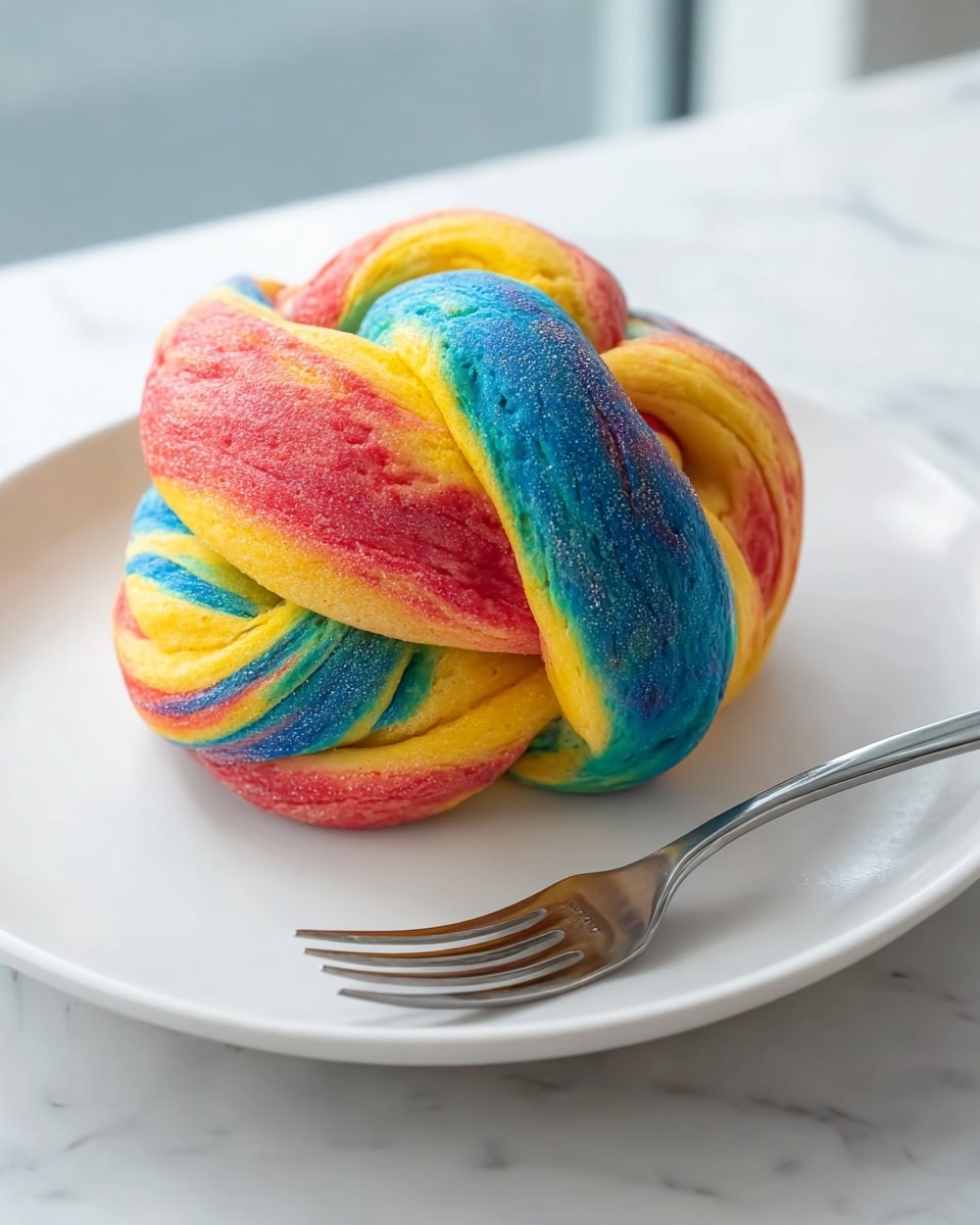 A single colorful knotted bread sits in the center of a white plate, its twisted layers showing a mix of bright blue, yellow, pink, and green swirls that create a soft, fluffy texture. The bread's shape is round and compact with visible folds that catch the light, highlighting the vibrant colors blending into each other. Behind the plate, a silver fork lies flat on the white marbled surface near a window, with soft natural light casting subtle reflections on the plate's smooth surface. photo taken with an iphone --ar 4:5 --v 7