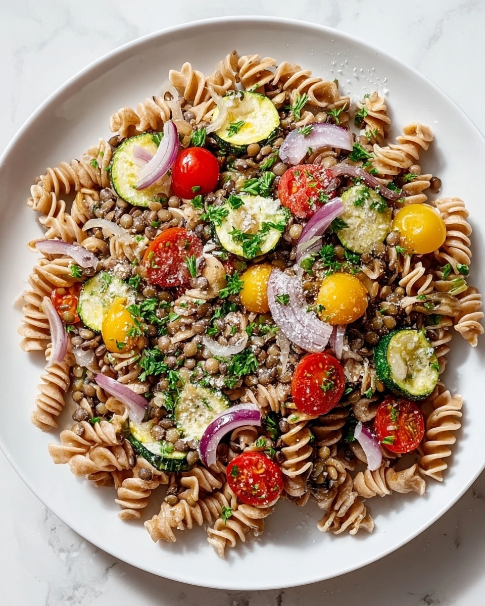 A white plate holds a colorful pasta salad on a white marbled surface. The bottom layer is light brown spiral pasta mixed evenly with lots of small green lentils. Scattered over the pasta are bright red cherry tomatoes, yellow bell pepper strips, and purple onion slices adding pops of color. Light green zucchini slices with tender textures are spread throughout. Fresh green herb pieces are sprinkled on top, adding a fresh look. There is a light dusting of grated cheese or a similar topping giving a slight white speckled effect over the dish. photo taken with an iphone --ar 4:5 --v 7