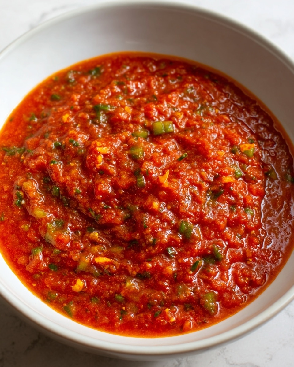 A close-up of a single layer of thick, red tomato sauce served in a white bowl. The sauce has a coarse texture, with visible small chunks of green and orange vegetables spread throughout. The sauce appears freshly made with a slight sheen of oil on its surface, and it fills the bowl in a round shape with some ripple patterns in the center. The background features a white marbled texture. photo taken with an iphone --ar 4:5 --v 7