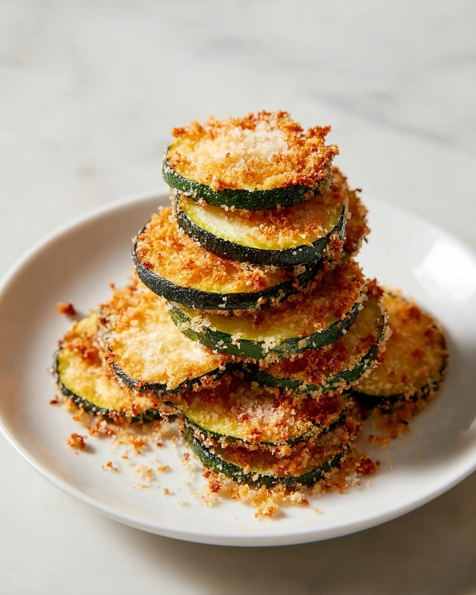 A stack of crispy, golden-brown fried zucchini slices sits in the middle of a white plate. Each slice has a visible dark green edge from the zucchini skin beneath a rough, crunchy coating of browned breadcrumbs and grated cheese. The slices are closely stacked in two uneven layers, with some extra crispy crumbs scattered around the base on the plate. The background shows a white marbled surface with soft natural lighting highlighting the texture and color contrast on the zucchini edges and breadcrumb crust. photo taken with an iphone --ar 4:5 --v 7