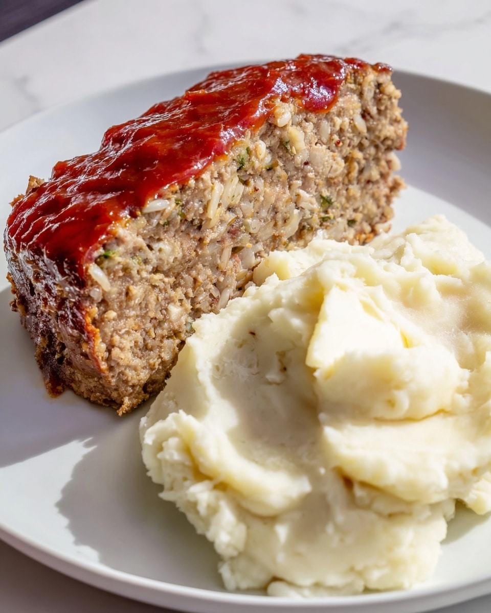A thick slice of meatloaf with a glossy, deep red tomato glaze on top sits on the left side of a white plate, showing a dense texture mixed with visible grains and bits of vegetables inside. On the right side, there is a mound of smooth, creamy mashed potatoes with slight lumps, creating soft peaks and curves. The dish is set against a white marbled surface. photo taken with an iphone --ar 4:5 --v 7