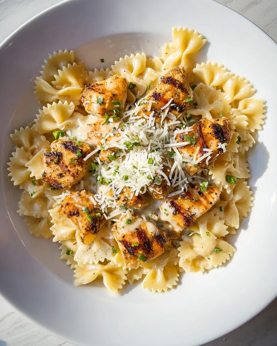 A white plate holds a dish with one main layer of cooked bow tie pasta in a pale yellow color, topped with chunks of grilled chicken, golden-brown with visible pepper specks. The chicken pieces sit evenly across the pasta. On top of the chicken, there are thin shreds of white cheese and small bits of green herbs scattered for garnish. The entire plate rests on a white marbled surface. photo taken with an iphone --ar 4:5 --v 7