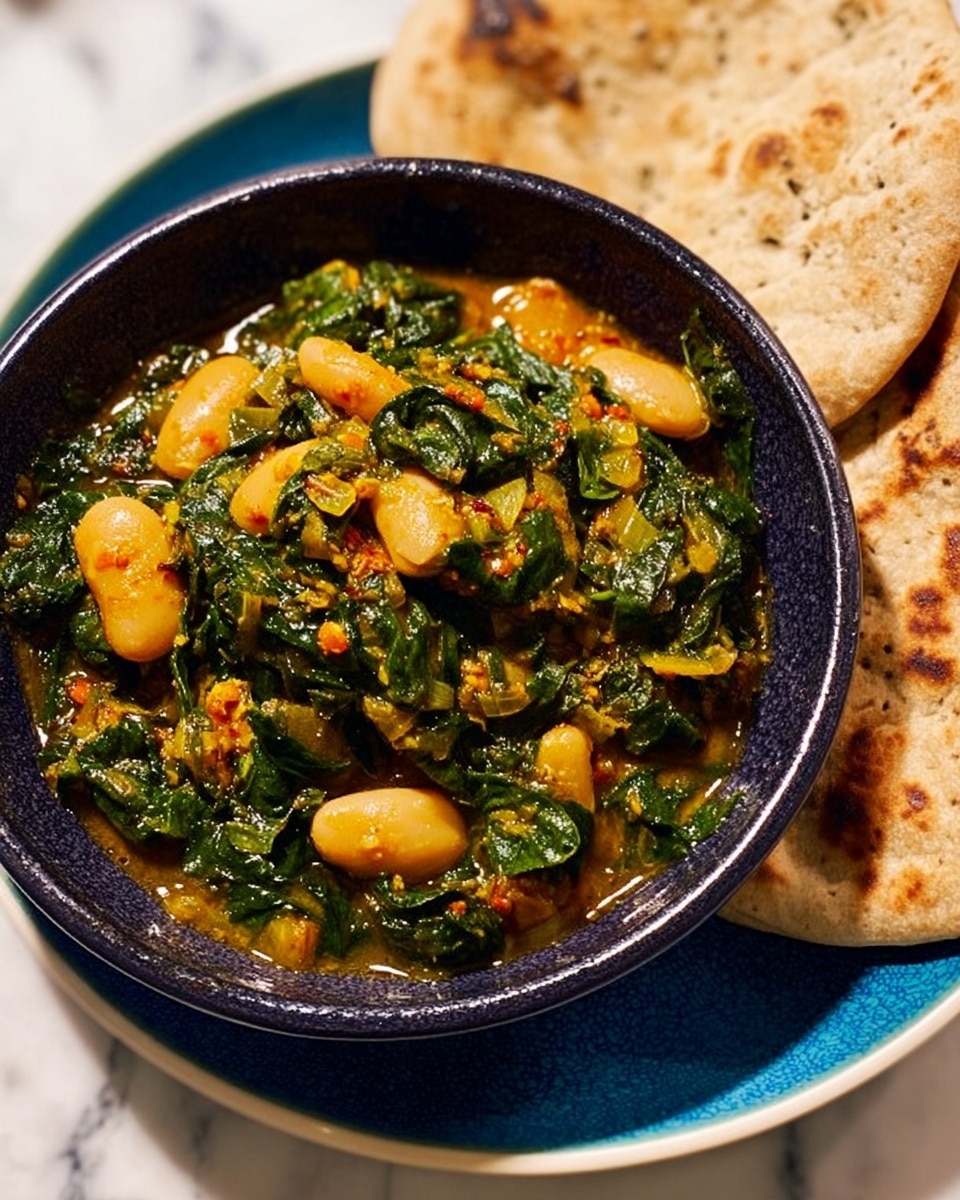A close-up image showing a black bowl filled with a cooked dish of large white beans mixed with wilted green leafy vegetables and small bits of yellow spices, giving it a textured and hearty look. The bowl is placed on a larger white plate with a blue rim, all set on a white marbled surface. On the left side, there are two pieces of flatbread stacked, with one piece partially torn, adding a rustic feel to the presentation. photo taken with an iphone --ar 4:5 --v 7