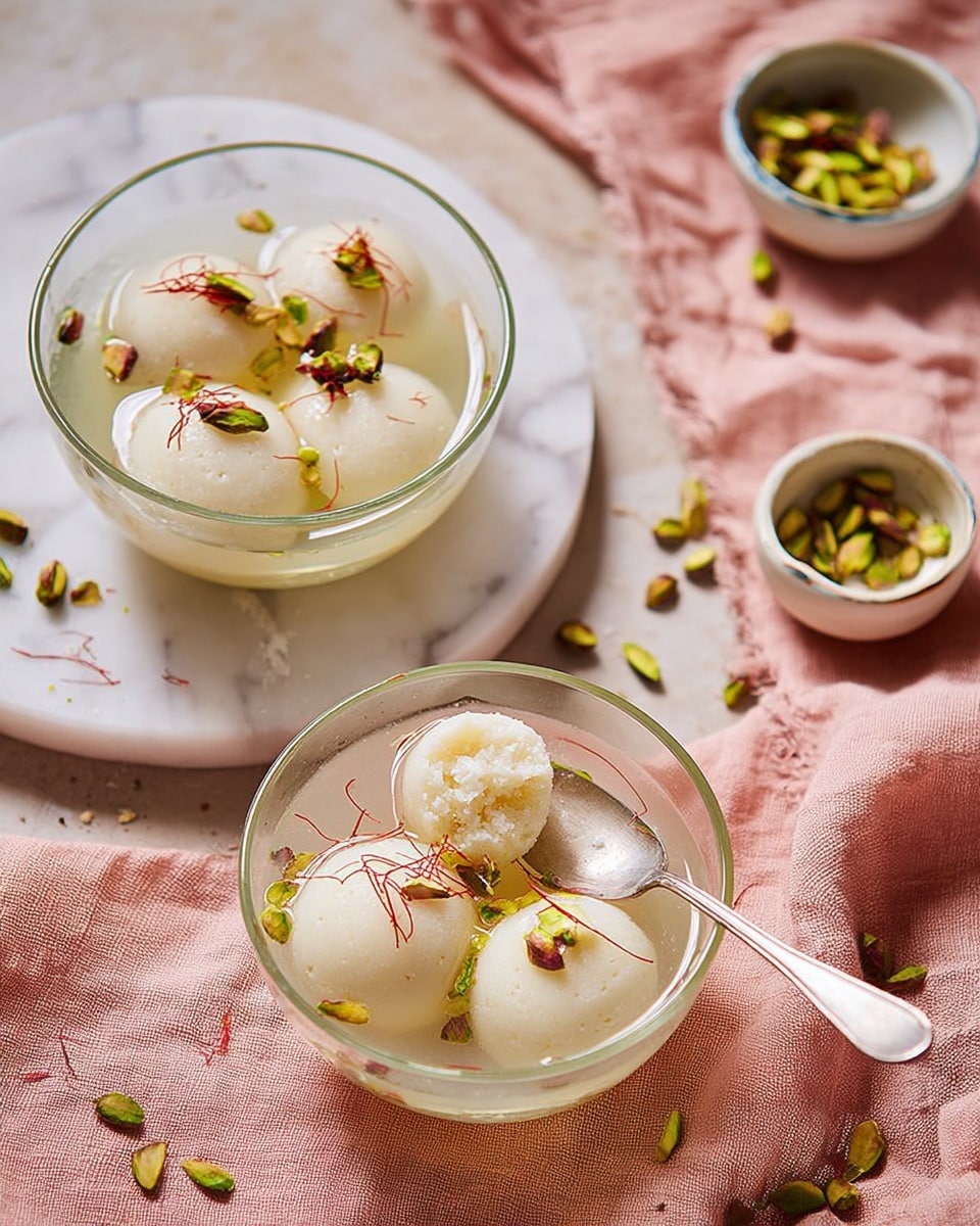 The image shows two clear glass bowls on a white marbled surface with a soft pink cloth underneath. Each bowl contains three or four round white dumplings floating in a light translucent syrup. The dumplings have a smooth texture and are topped with small pieces of green pistachio nuts and thin red saffron strands. One bowl has a silver spoon resting inside, holding a small broken piece of the dumpling, revealing the soft inside. Nearby, two small white bowls hold more pistachio pieces and saffron strands. The whole setup feels light and delicate with soft natural lighting. photo taken with an iphone --ar 4:5 --v 7