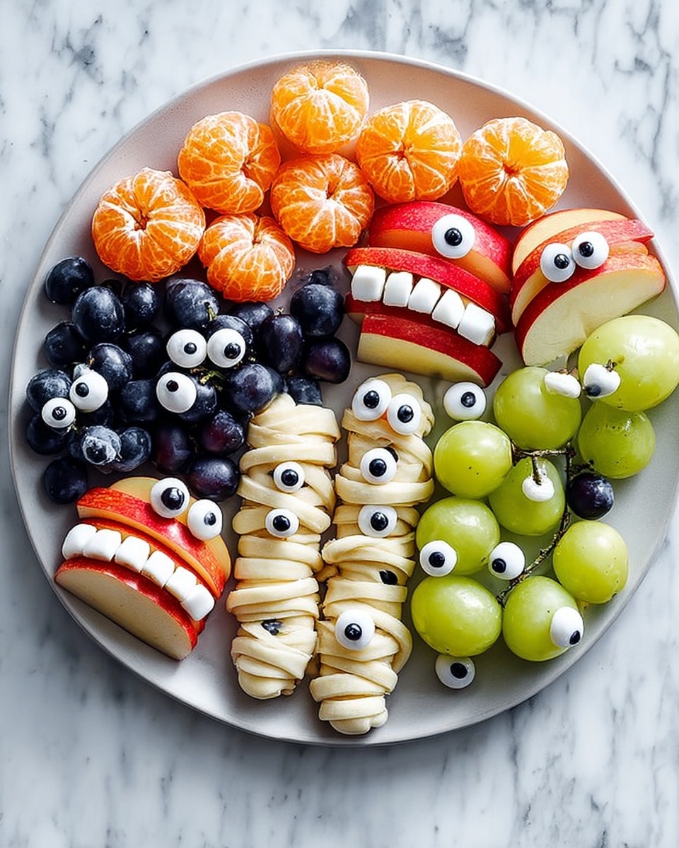 A round white plate is filled with colorful Halloween-themed fruit snacks arranged in groups. On the top left side, there are six peeled small orange tangerines placed closely together, each showing their bright orange segments with small green stems on top. To the right, green and dark purple grapes are stacked in a cluster, each grape decorated with a small edible eye. Below the tangerines, peeled lychee fruits with a white texture are decorated with black and white eyes on top, surrounded by scattered blueberries which are deep blue and round. Below the lychees, five red apple slices are paired to look like open mouths with almond slivers placed inside to mimic teeth. On the bottom right, three wrapped banana-shaped snacks have a light beige color with drizzled white icing and two small eyes on each, looking like mummies. The plate is placed on a white marbled surface. photo taken with an iphone --ar 4:5 --v 7