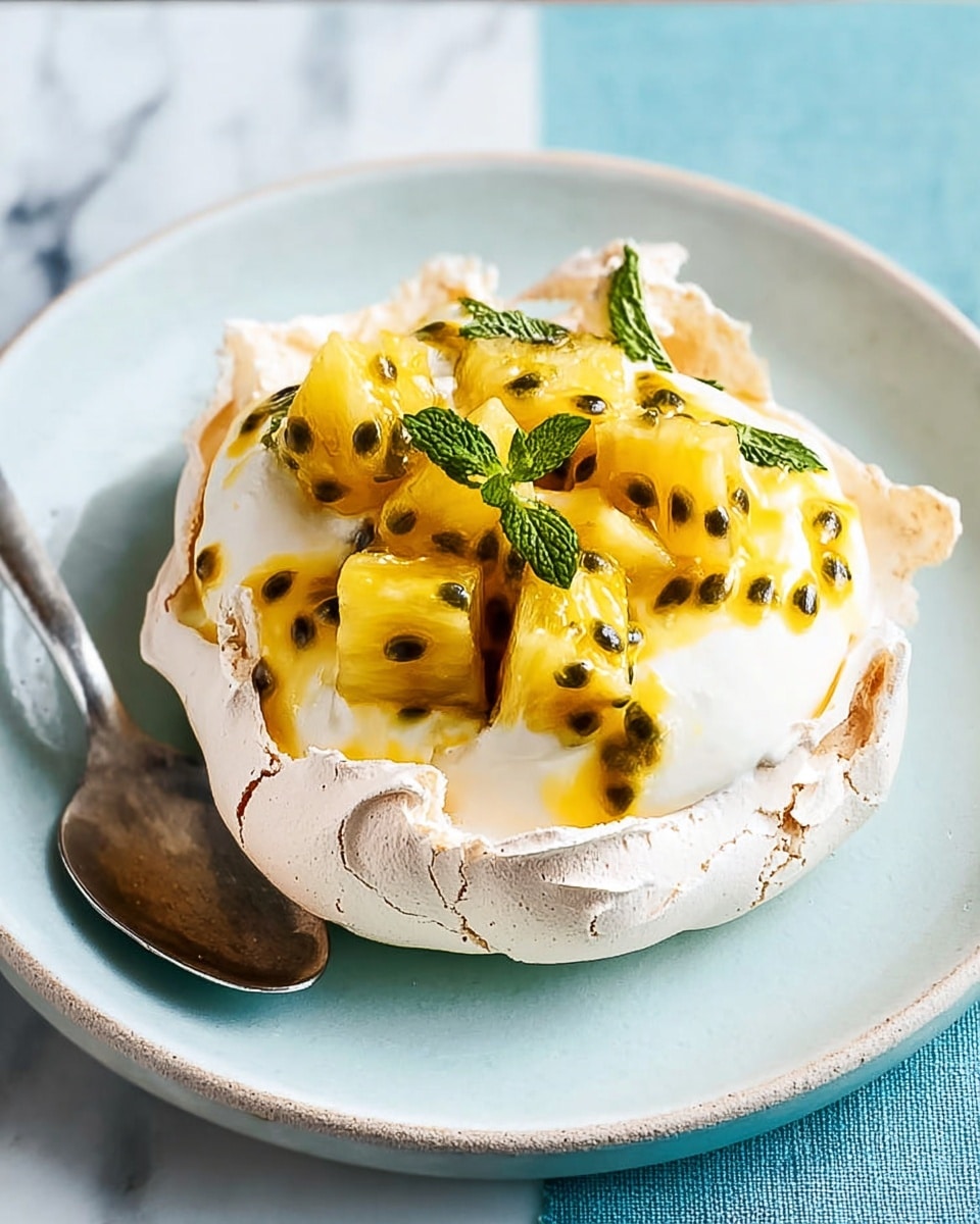A dessert with three layers sits on a white plate. The bottom layer is a light brown, crispy meringue base with a cracked texture around the edges. On top is a smooth, thick white cream layer, spread evenly inside the meringue. The top layer is a mix of bright yellow chunks of pineapple and glossy yellow passionfruit pulp with black seeds, garnished with thin green mint leaves scattered over it. A silver spoon rests to the left side of the plate on a white marbled surface. photo taken with an iphone --ar 4:5 --v 7