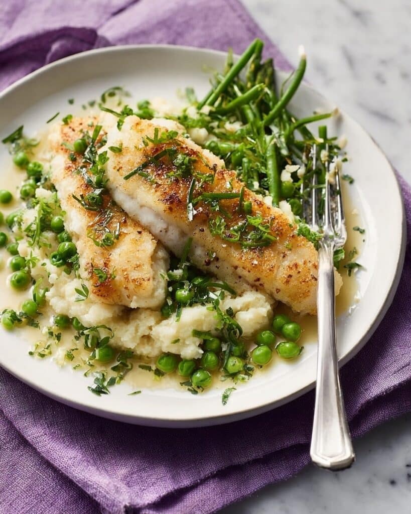 Zesty Haddock with Crushed Potatoes, Peas, and Lemon Capers Recipe