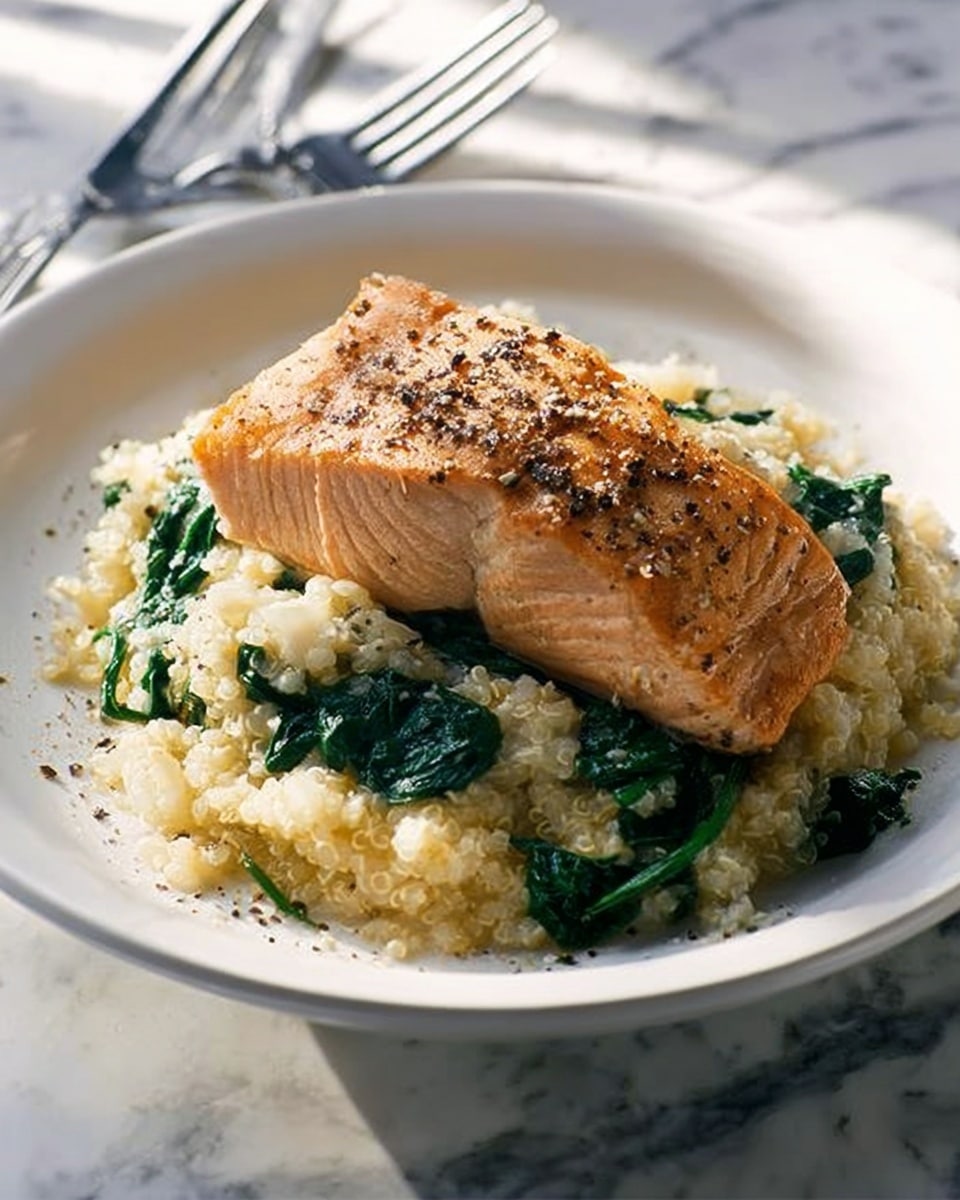 A white plate on a white marbled surface holds a dish with three main layers. The bottom layer is mashed cauliflower, cream-colored and slightly chunky in texture. On top of this is a layer of sautéed spinach, dark green and wilted, scattered among the cauliflower. The top layer is a thick, golden-brown cooked salmon fillet, seasoned with black pepper and lightly seared, resting diagonally across the greens and cauliflower. A fork and knife lie to the left on the plate edge. The photo is taken with an iphone --ar 4:5 --v 7