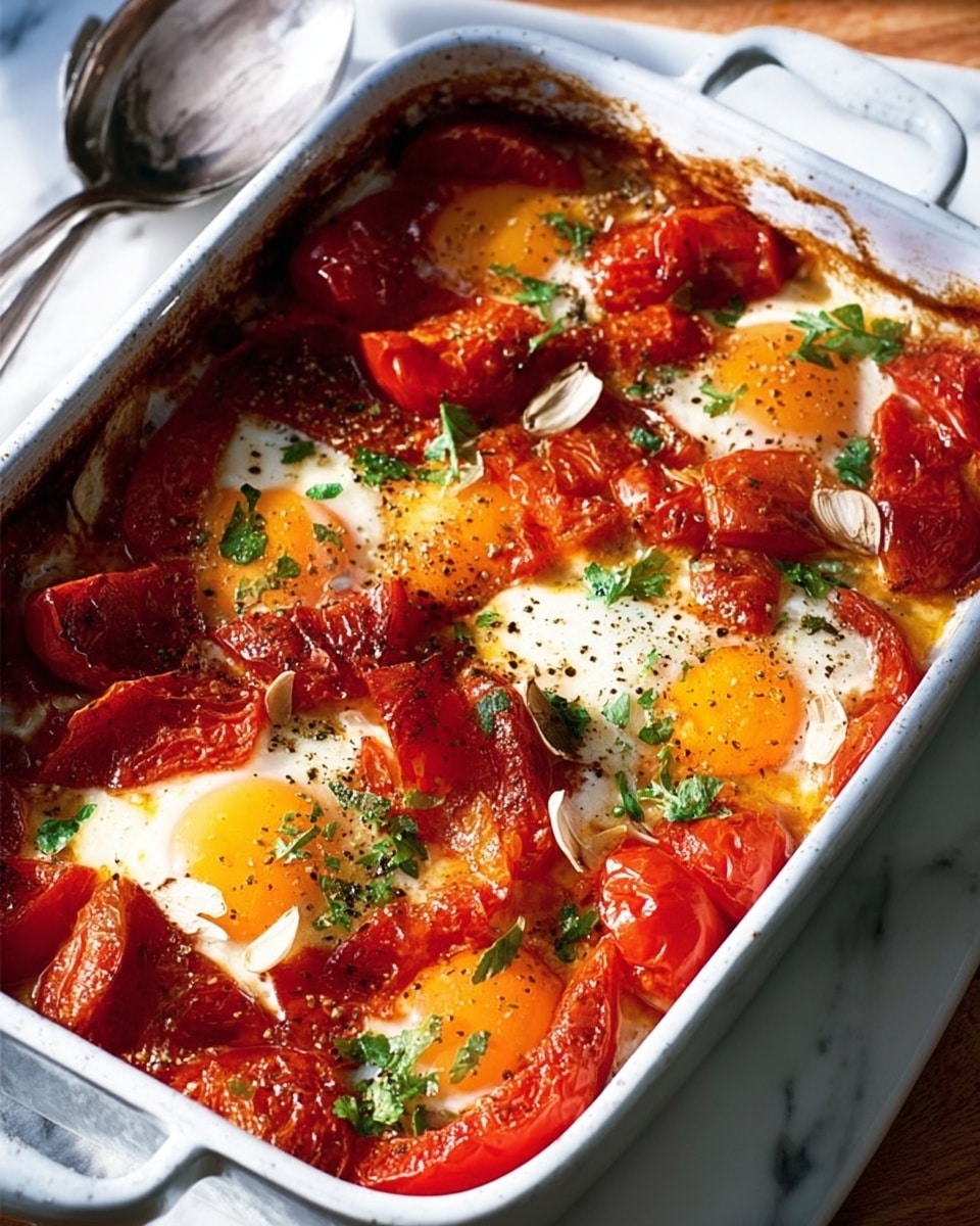 A white rectangular baking dish filled with a cooked dish showing three visible whole eggs with bright yellow yolks and white edges evenly spread near the center and right side, surrounded by large chunks of red cooked tomatoes and thick pieces of meat with a rich red-brown color, sprinkled with fresh green herbs and small slices of light garlic cloves scattered throughout. The dish is placed on a rustic wooden table, and a woman's hand is seen holding the dish on the left side. photo taken with an iphone --ar 4:5 --v 7