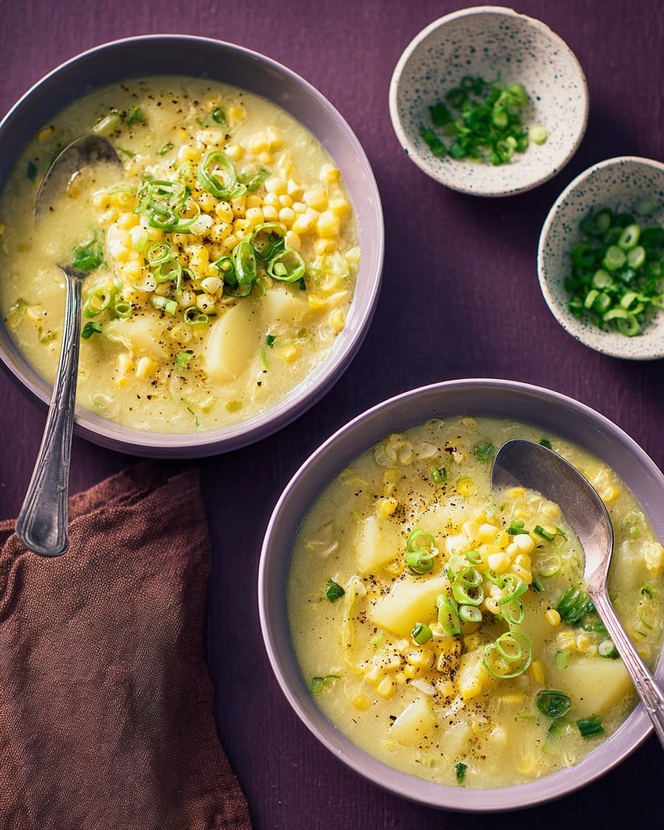 Two white bowls filled with thick yellow corn chowder, showing soft chunks of potato and corn kernels throughout the soup. Each bowl is topped with thinly sliced bright green scallions and small bits of chopped green herbs, scattered with a touch of black pepper. One bowl holds a white spoon partly inside the soup, resting on a dark purple wooden surface with a brown cloth nearby. Two small white bowls with chopped green onions sit beside the main bowls. The overall scene has a cozy and fresh feel with the food colors standing out on the white marbled background. photo taken with an iphone --ar 4:5 --v 7