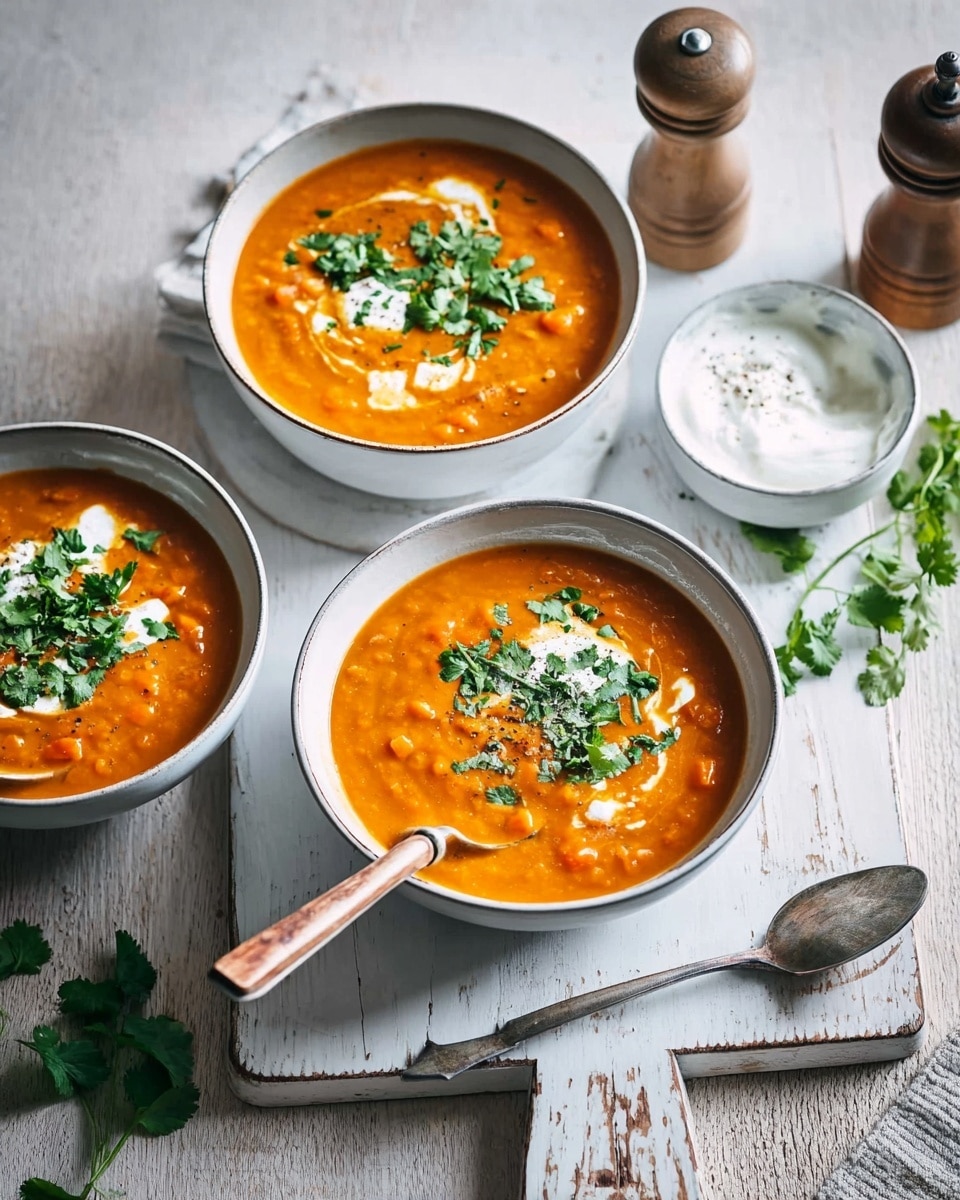 The image shows three bowls of thick orange soup placed on a white marbled surface with a wooden board nearby. Each bowl contains a smooth orange soup with small chunks, topped with a dollop of white cream and fresh green herbs scattered on top. The bowls are white, with one bowl having a light blue exterior. Two bowls have wooden-handled spoons resting inside, one spoon standing upright in the soup. A small white bowl filled with white cream and a spoon is set next to the wooden board along with a wooden pepper mill and some loose green herbs scattered nearby. photo taken with an iphone --ar 4:5 --v 7