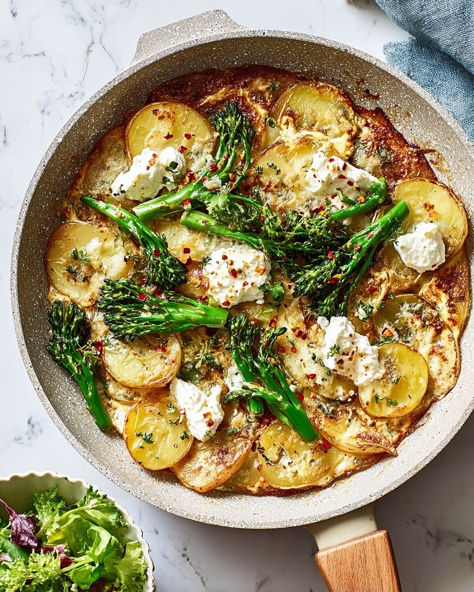 The image shows a light gray frying pan with a wooden handle, filled with a cooked dish on a white marbled surface. The dish has a golden-brown base layer topped with round slices of yellow potatoes spread across the pan. Bright green broccolini stalks lay on top, contrasting with dollops of creamy white cheese scattered around. A sprinkle of black pepper and red chili flakes adds texture and color on the surface. To the side, a white bowl with a green bean and nut salad can be seen slightly out of focus. photo taken with an iphone --ar 4:5 --v 7
