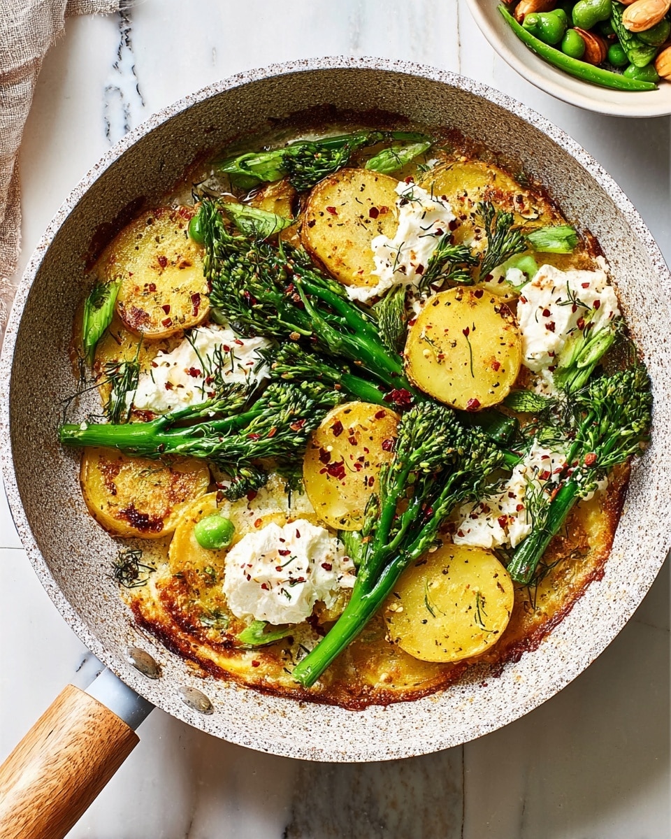 The image shows a frying pan on top of a white marbled surface, containing a cooked dish with layers including light brown crispy edges, slices of golden brown potatoes arranged in a scattered pattern, and bright green broccolini pieces spread across the top. There are dollops of white creamy cheese scattered unevenly on the surface, with a few small red chili flakes sprinkled for a touch of color. The pan has a light gray interior and a wooden handle, while next to the pan, a small white bowl with a fresh green salad is partially visible. photo taken with an iphone --ar 4:5 --v 7