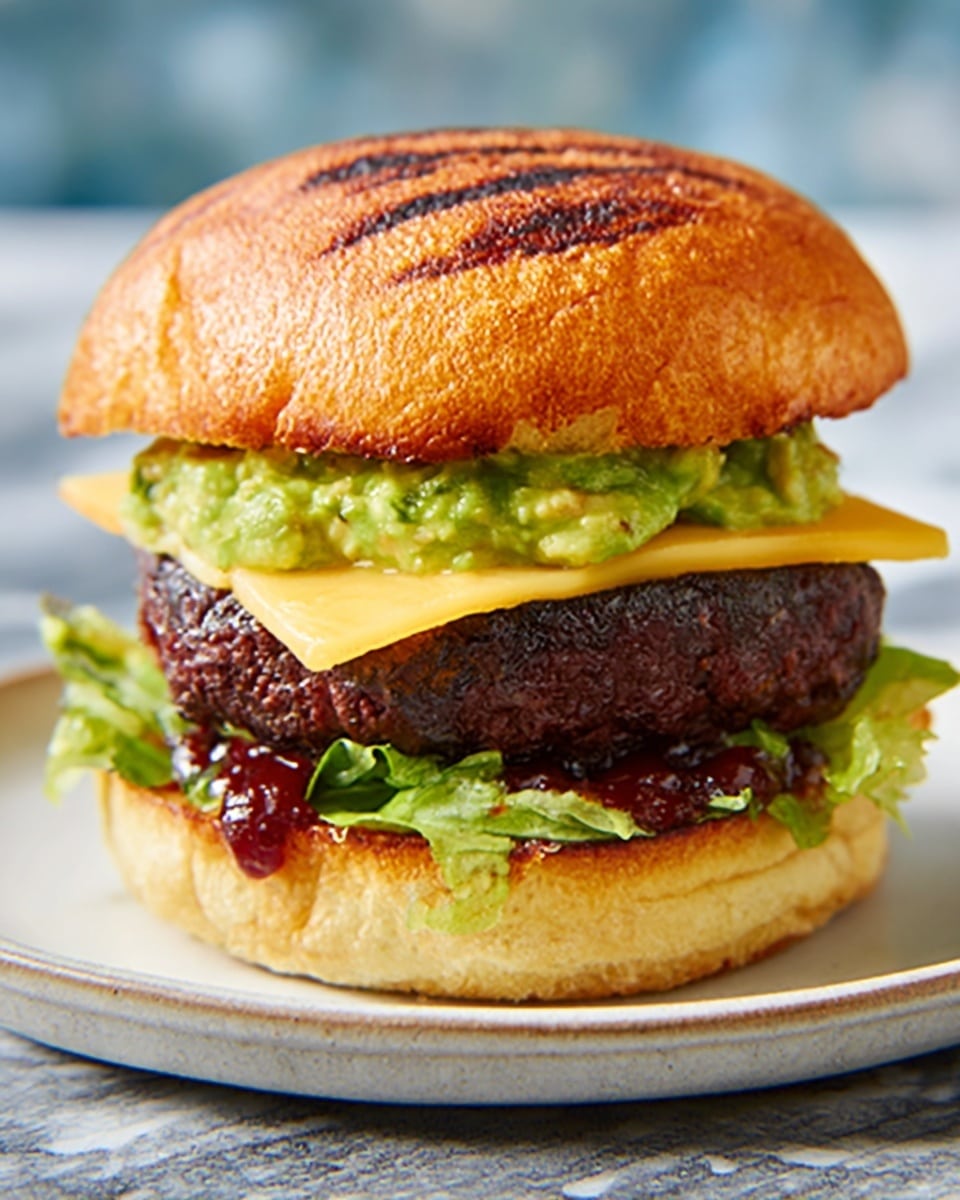 A close-up of a sandwich on a white plate, placed on a white marbled surface, showing five clear layers: the top bun is golden brown with grill marks and a soft texture; below it is a green layer of chunky guacamole spread evenly; next is a smooth, pale yellow slice of cheese; under the cheese is a thick, dark brown grilled patty with a slightly rough surface; below the patty is a crisp green leaf of lettuce resting on a toasted bottom bun with a warm golden-brown color. Photo taken with an iphone --ar 4:5 --v 7