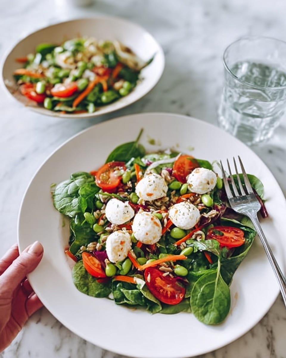 The image shows a fresh salad served on a white plate placed on a white marbled surface. The salad has several layers: the base is made of green leafy vegetables like spinach and mixed greens, topped with bright red cherry tomato halves, thin strips of orange carrot, and scattered light green edamame beans. On top of the salad are four small, soft-looking white cheese balls with some seeds sprinkled on them. In the background, there is a larger white bowl with a similar salad and a glass of water nearby. A fork rests on the edge of the plate. The photo taken with an iphone --ar 4:5 --v 7